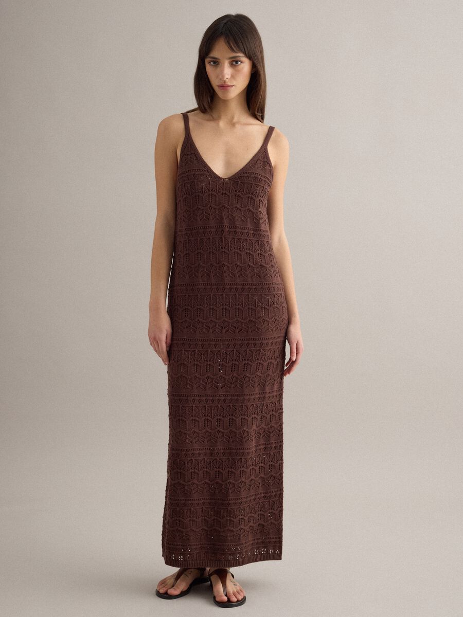 Brown pure cotton long dress slim fit with net texture_0