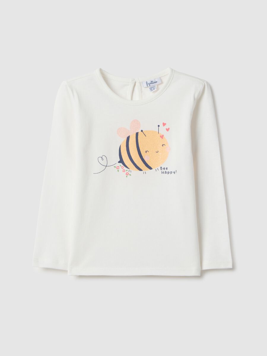 Girls' white long sleeve pure cotton t-shirt with bee_0