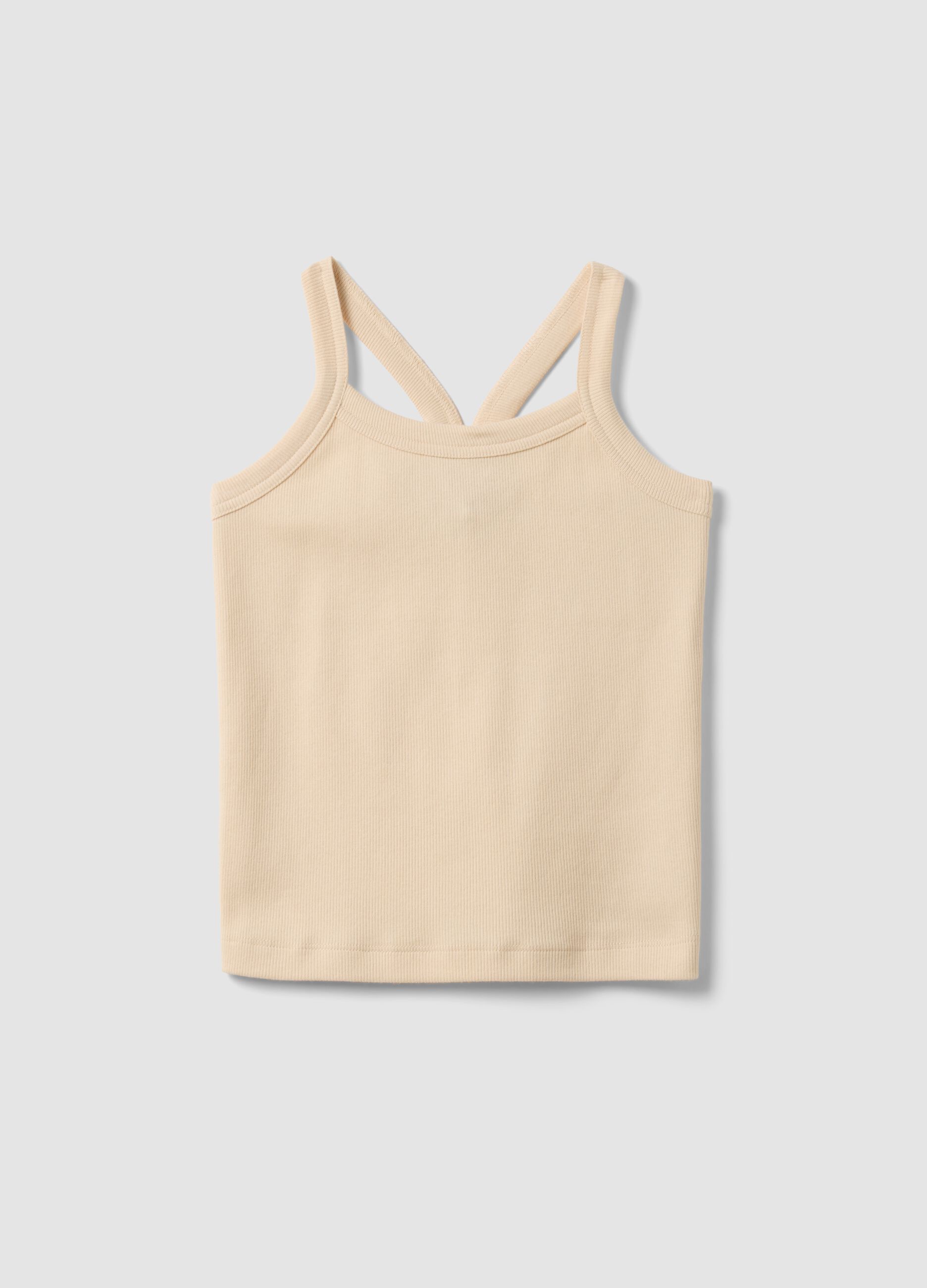 Girls&rsquo; beige ribbed stretch cotton fitted tank top