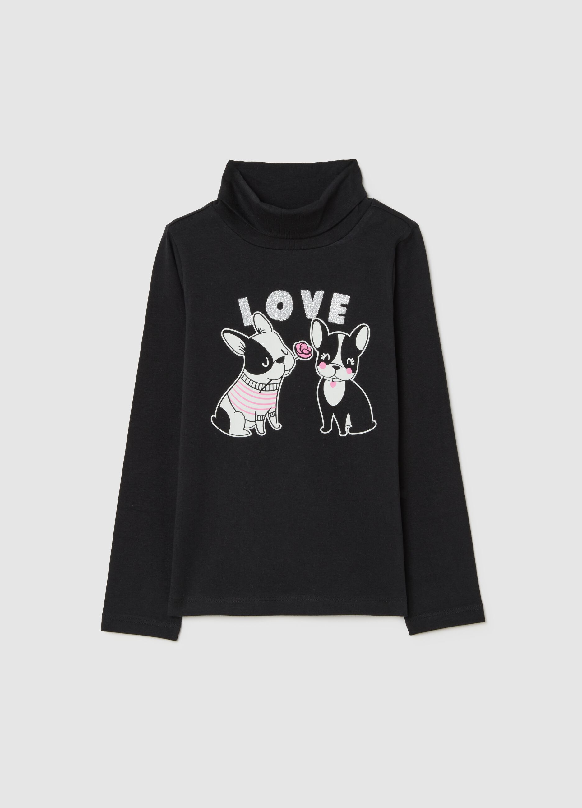 Girl's black cotton regular fit t-shirt with print