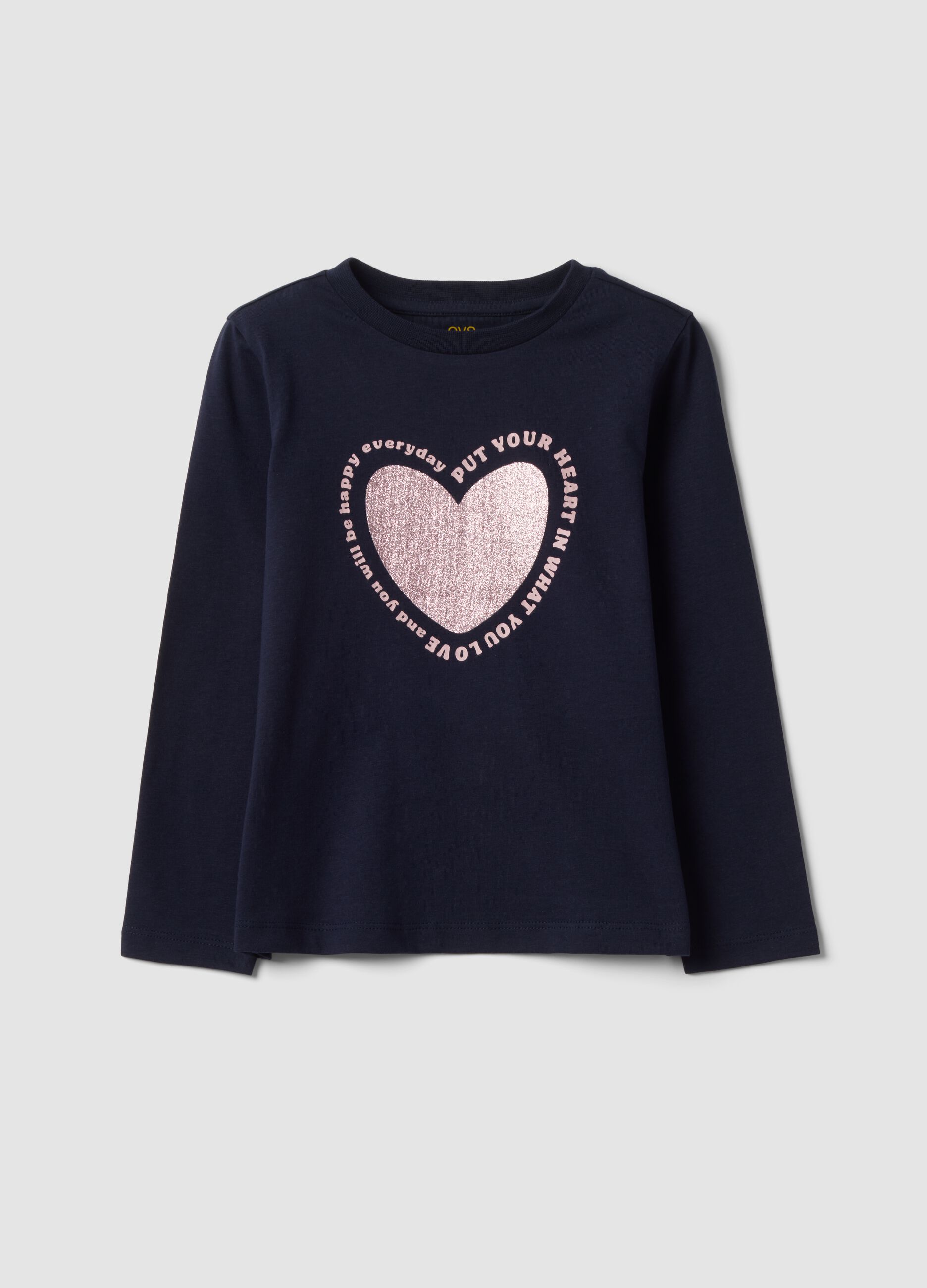 T-shirt blu in puro cotone organico con stampa cuore per bambina
