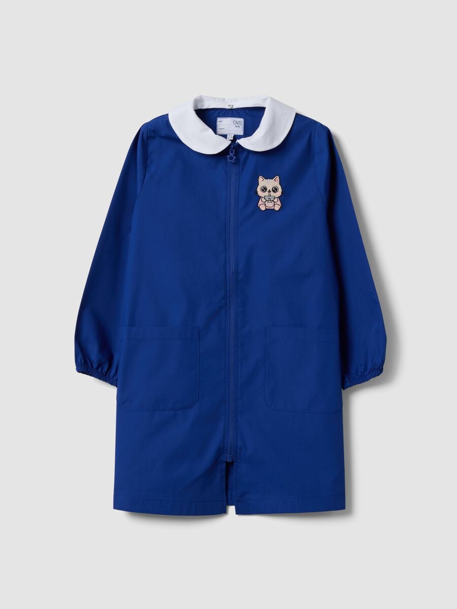 Blue girls&rsquo; school smock with kitten embroidery and classic collar_0