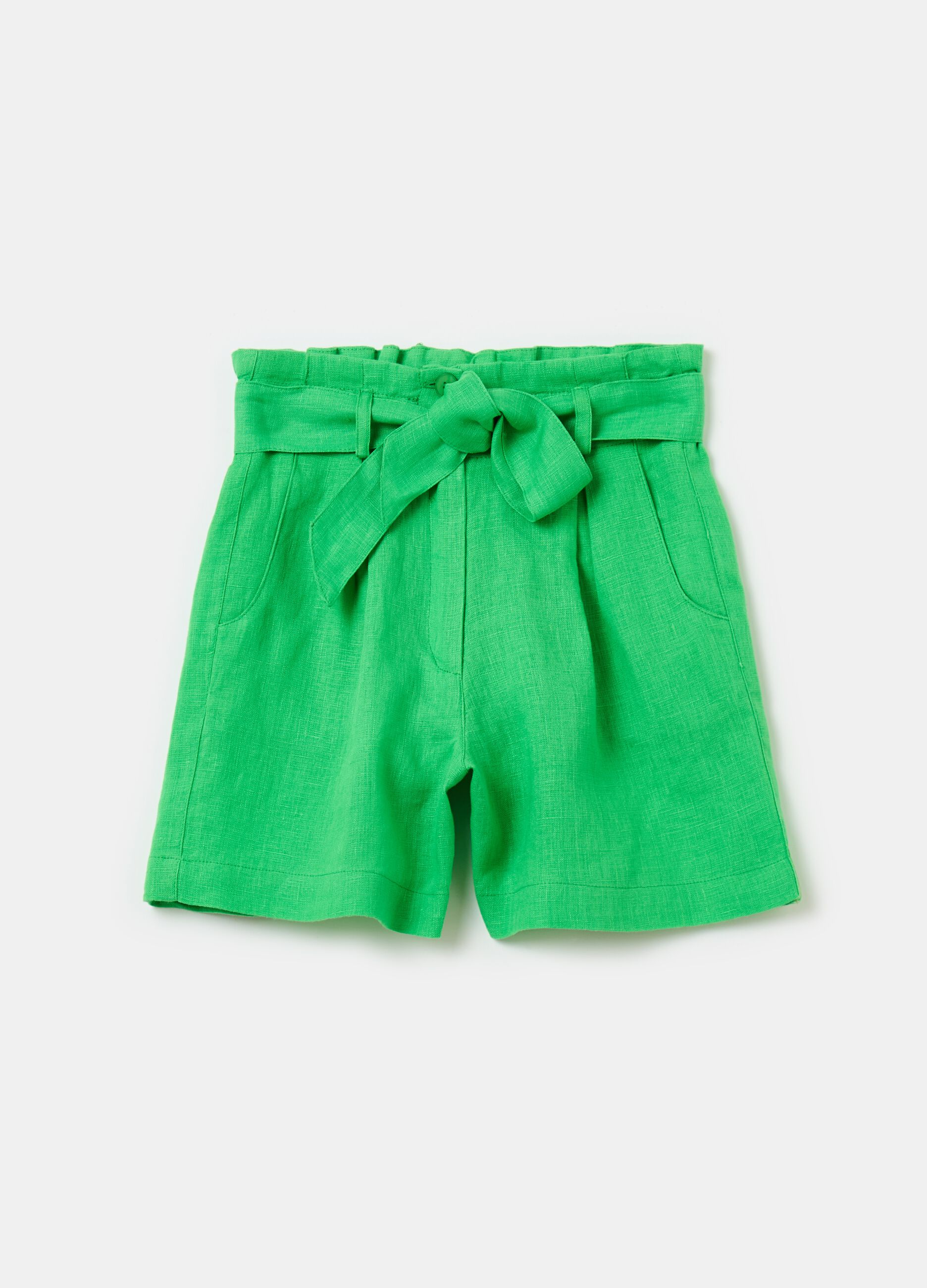 Linen paper bag shorts with belt