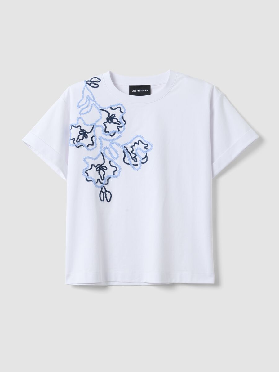 Wei&szlig;e Regular-Fit-T-Shirt aus Baumwollmischung mit Blumenstickerei_4