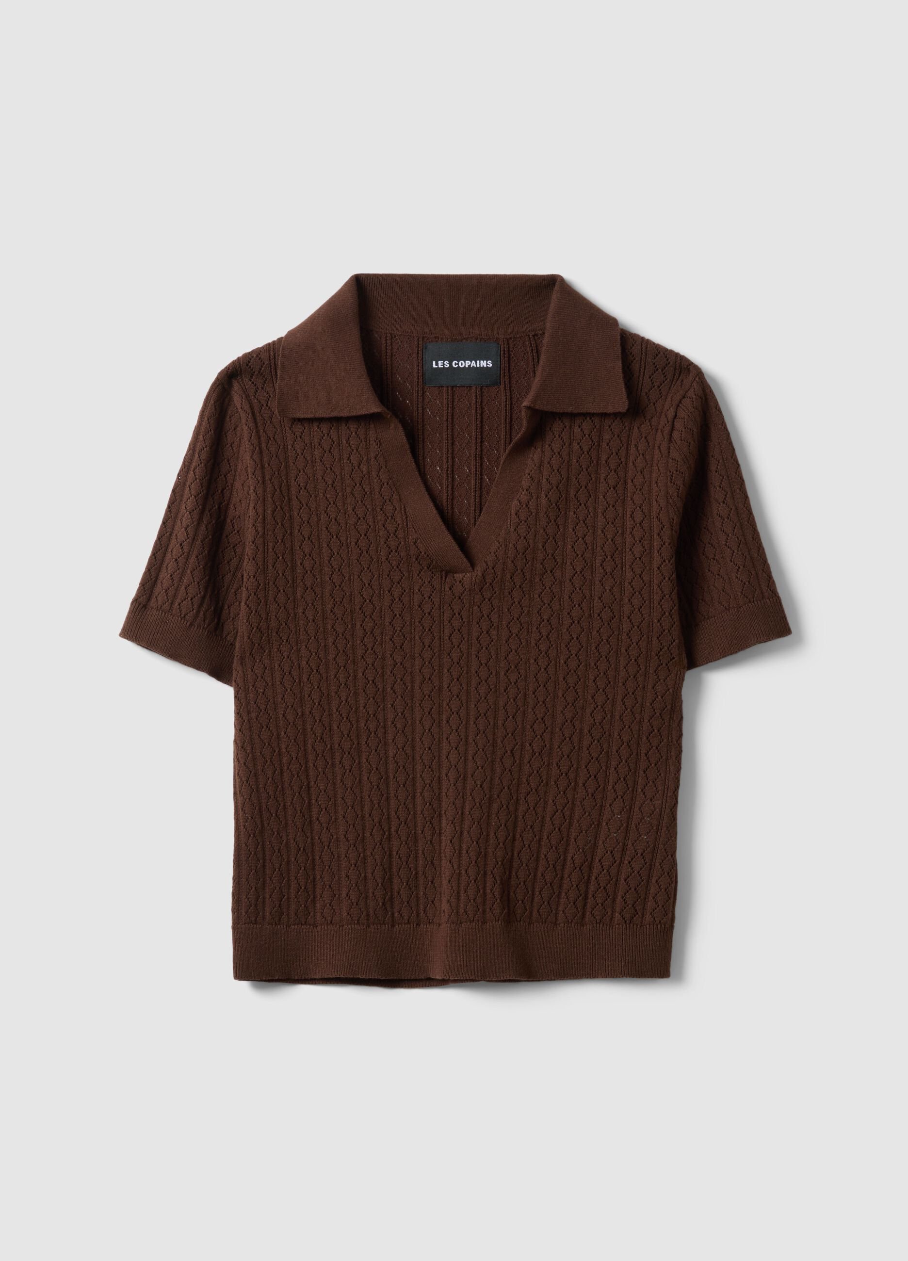 Brown cotton blend regular fit sweater with polo collar