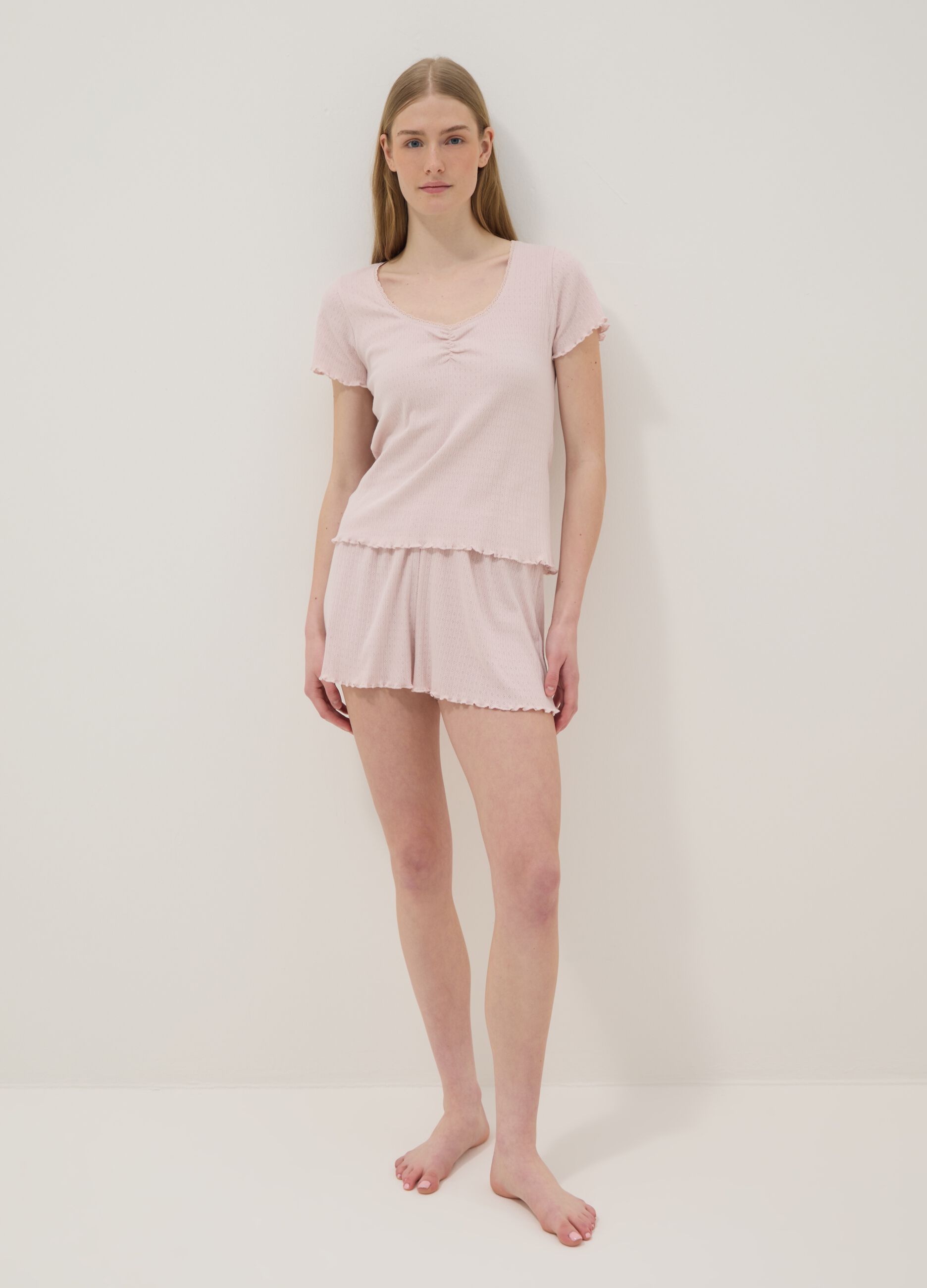 Pink pure cotton regular fit pyjama shorts with gathered edges