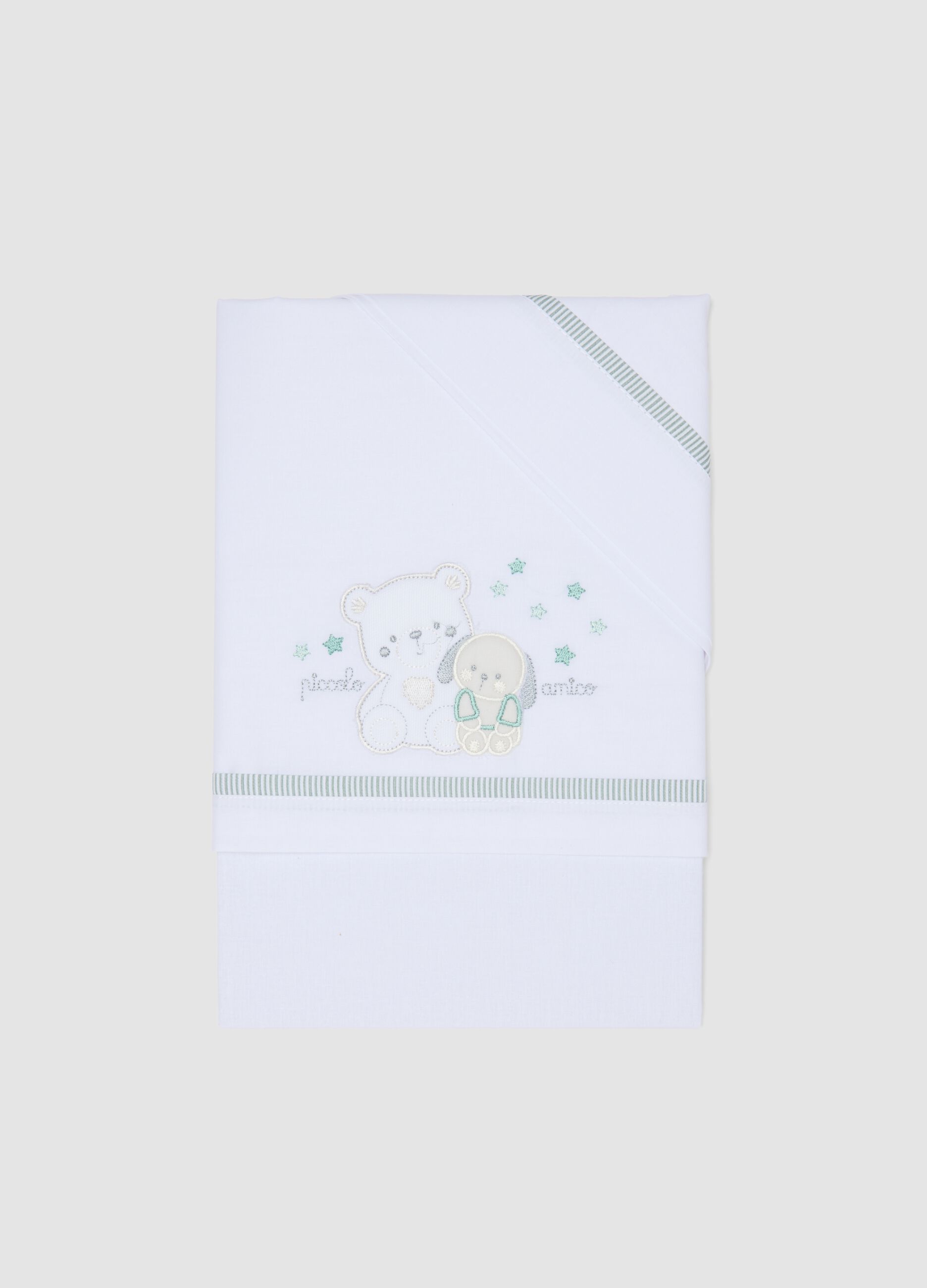 White pure cotton baby sheet with teddy bear and puppy embroidery