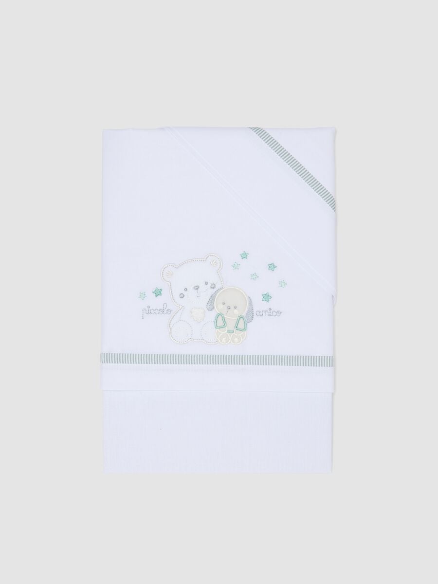 White pure cotton baby sheet with teddy bear and puppy embroidery_0