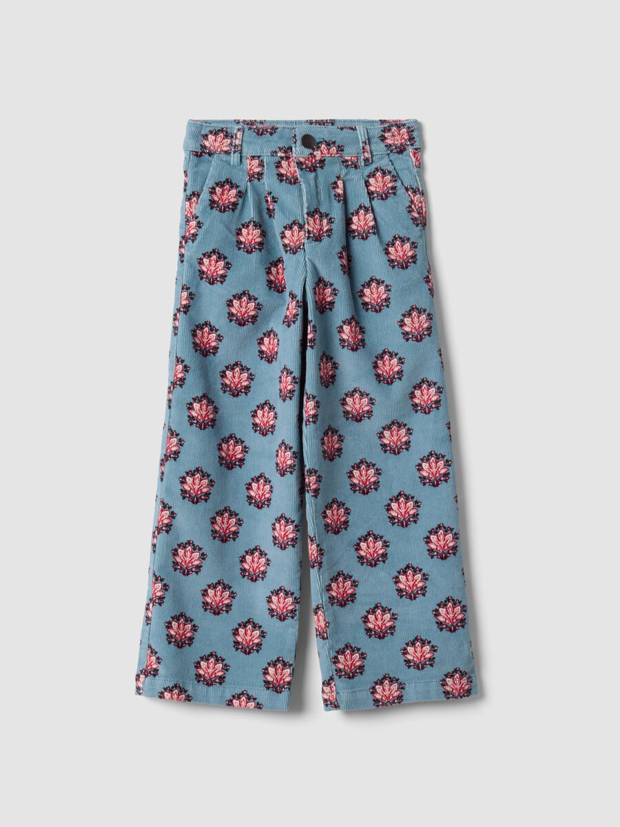 Light Blue Ribbed Stretch Cotton Patterned Trousers_0
