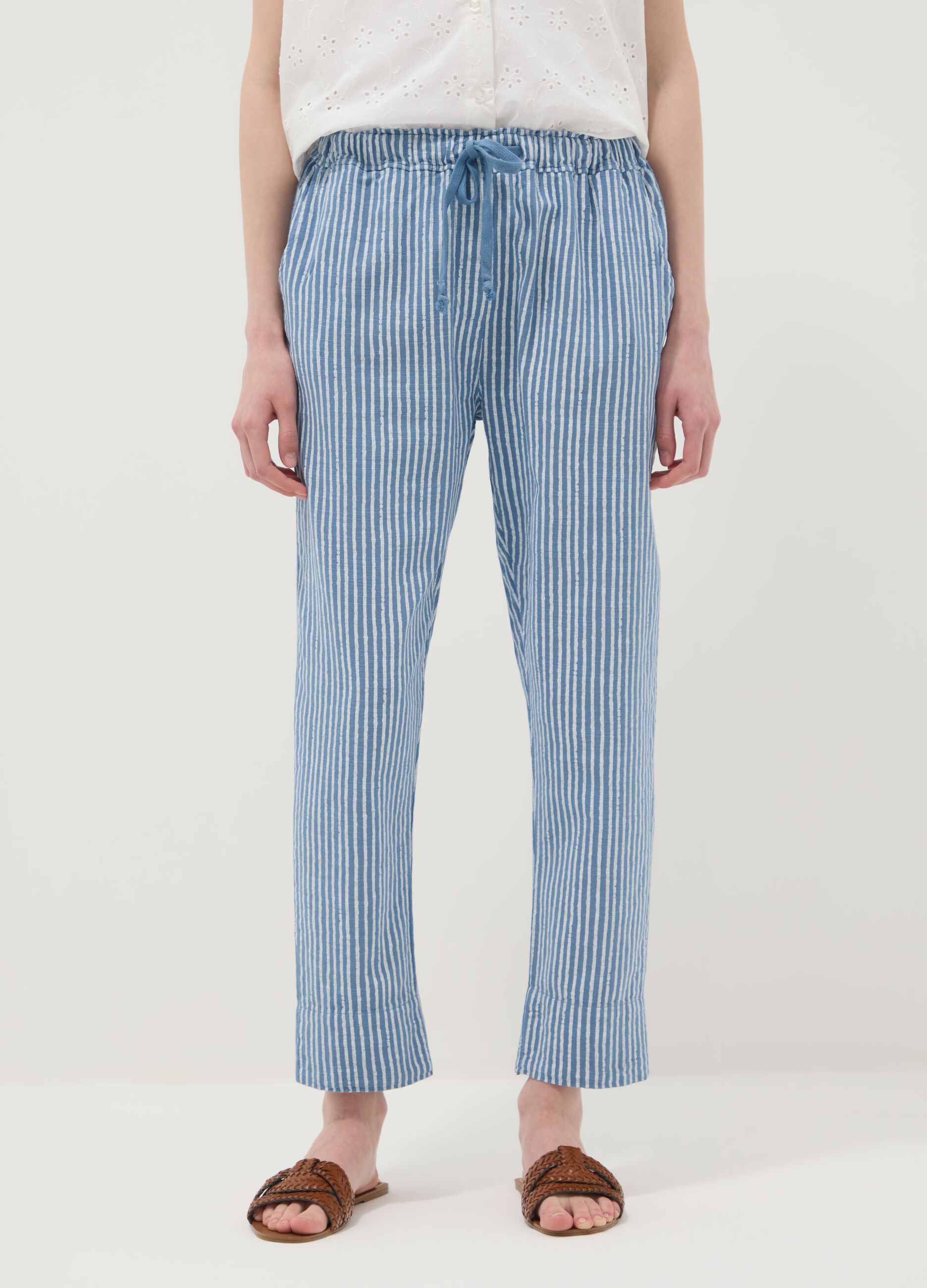 Blue striped pure cotton regular-fit trousers