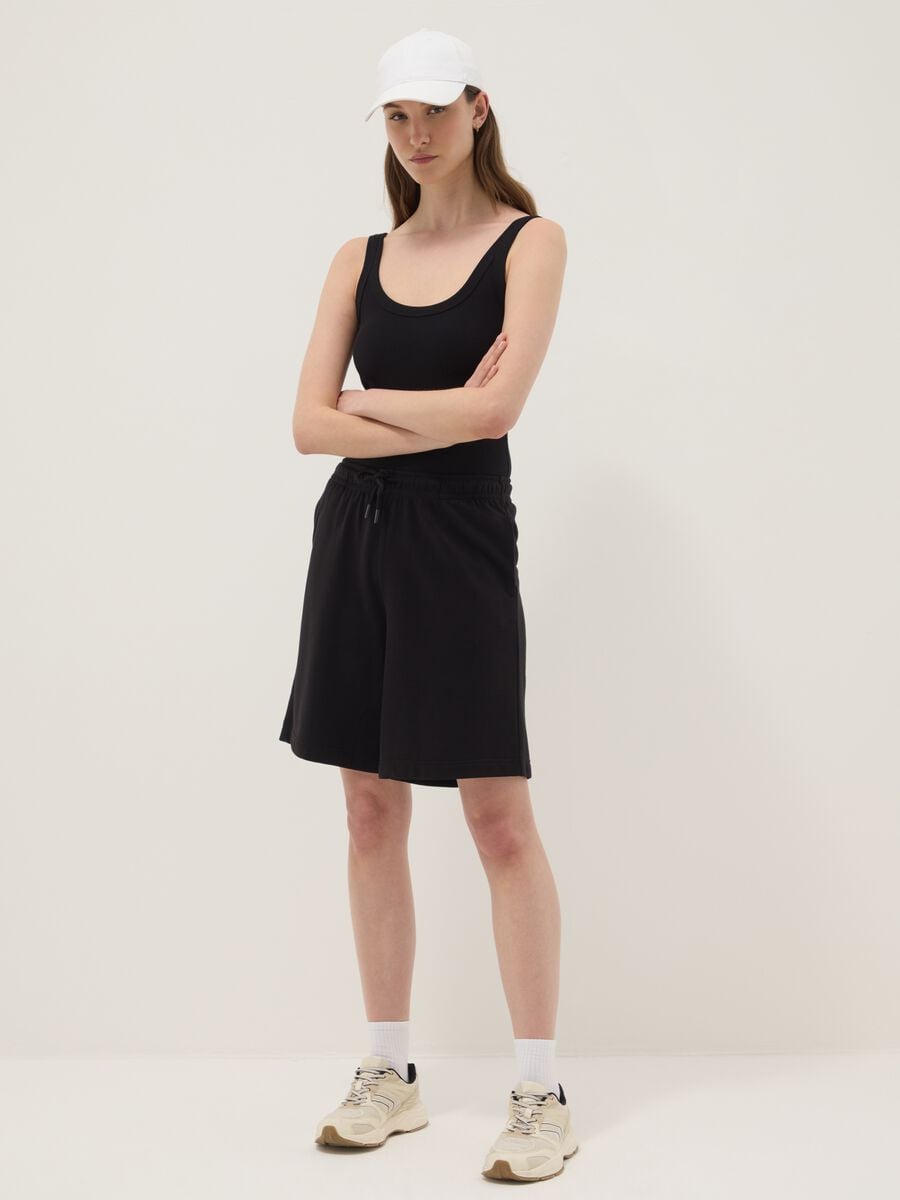 Black ribbed stretch-cotton bodysuit with wide neckline_1