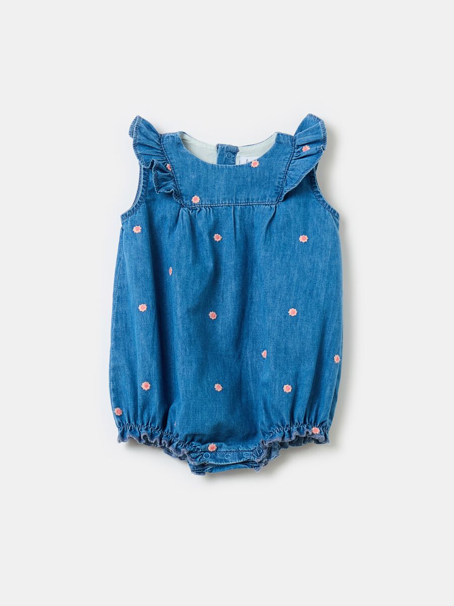 Denim romper suit with small flowers embroidery_0