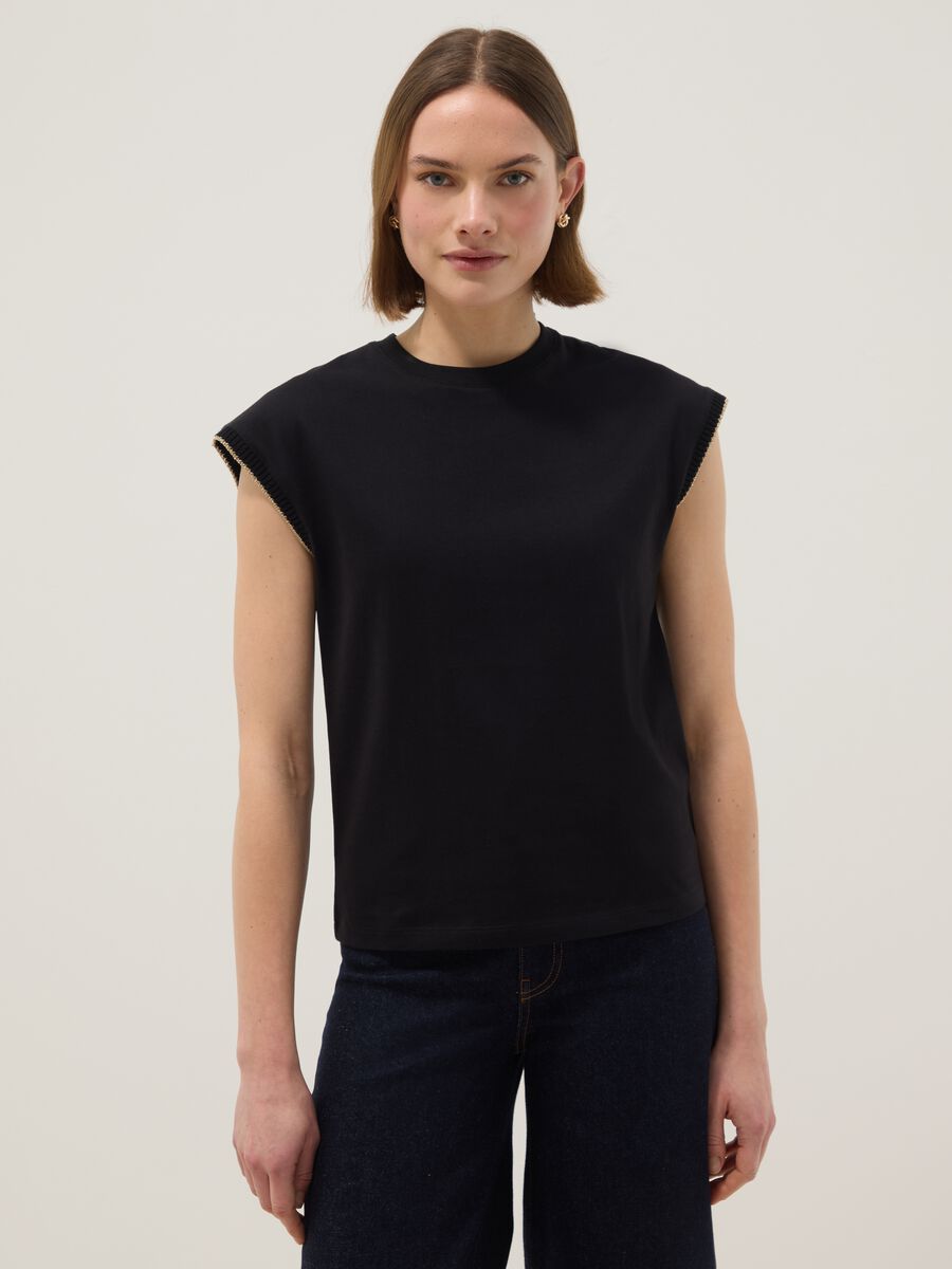 Black sleeveless pure cotton T-shirt, regular fit_0