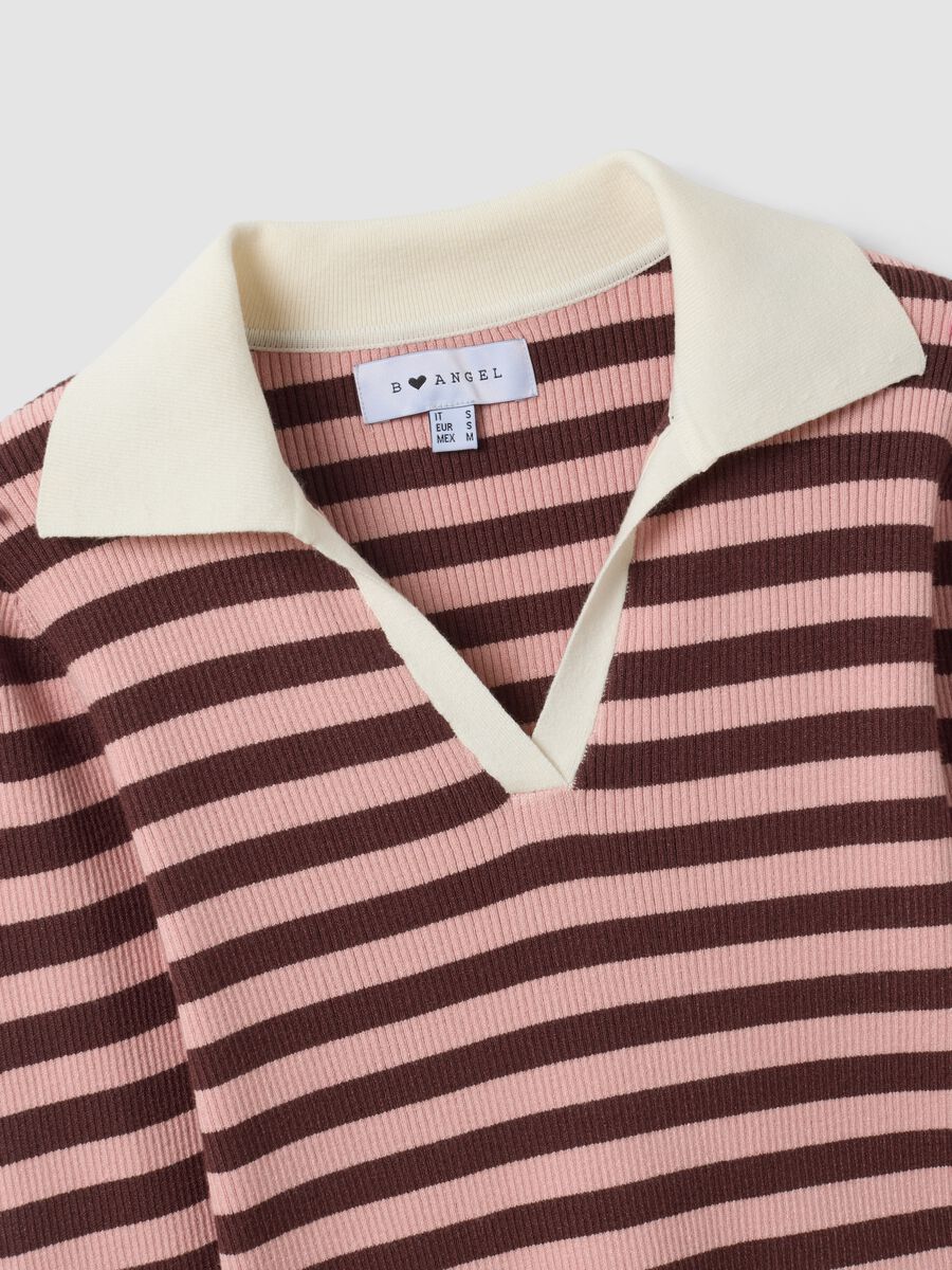 Multicolour striped viscose-blend fitted polo-collar knit top_6