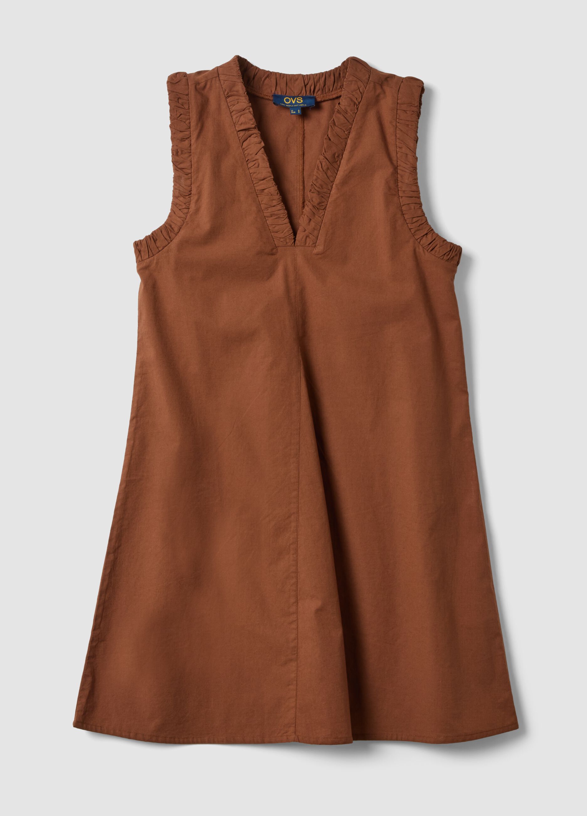 Braunes Mini-Kleid aus reiner Baumwolle in Regular Fit mit gerafftem V-Ausschnitt