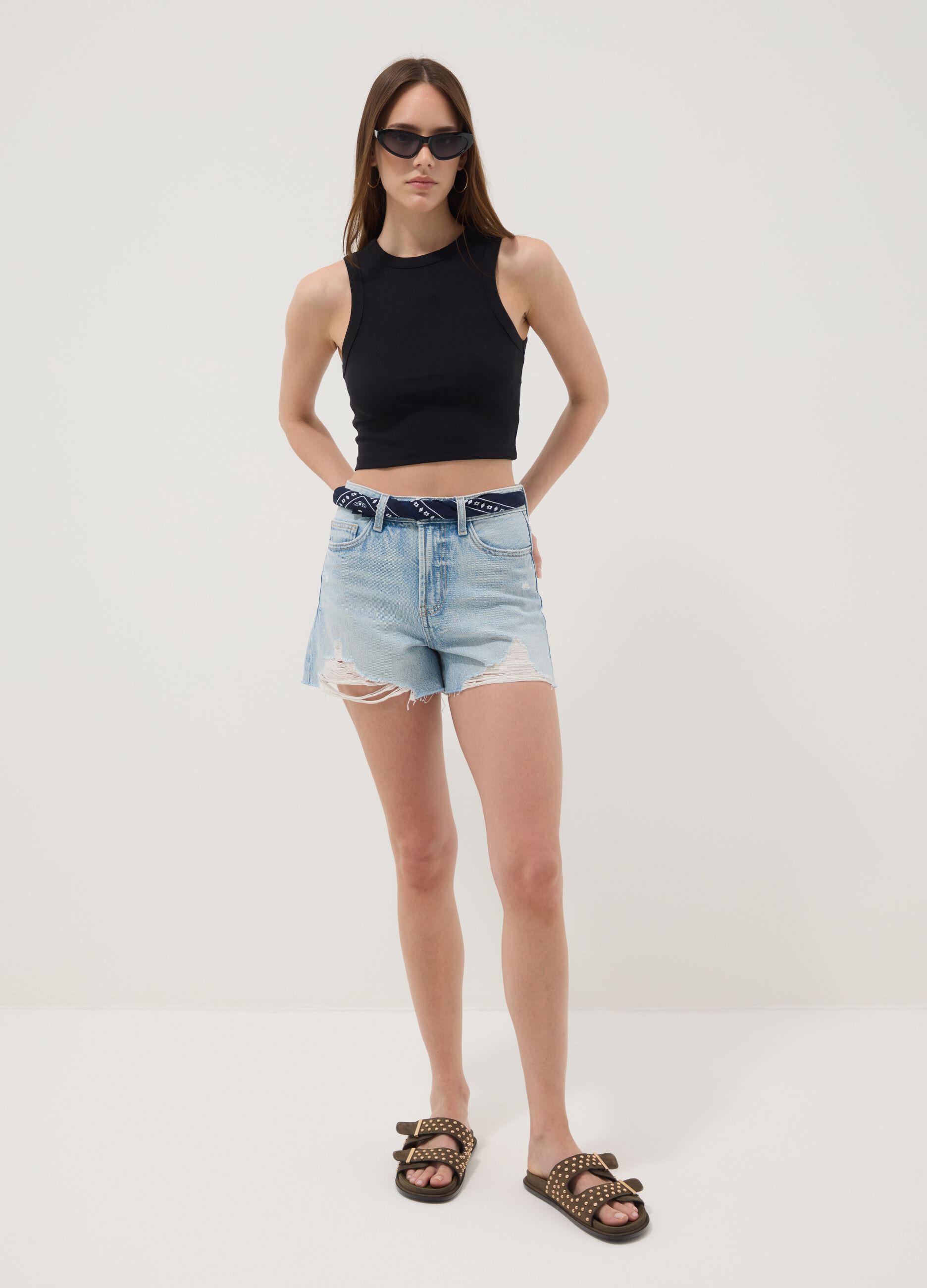 Schwarzes Cropped-Tanktop aus Stretch-Baumwolle