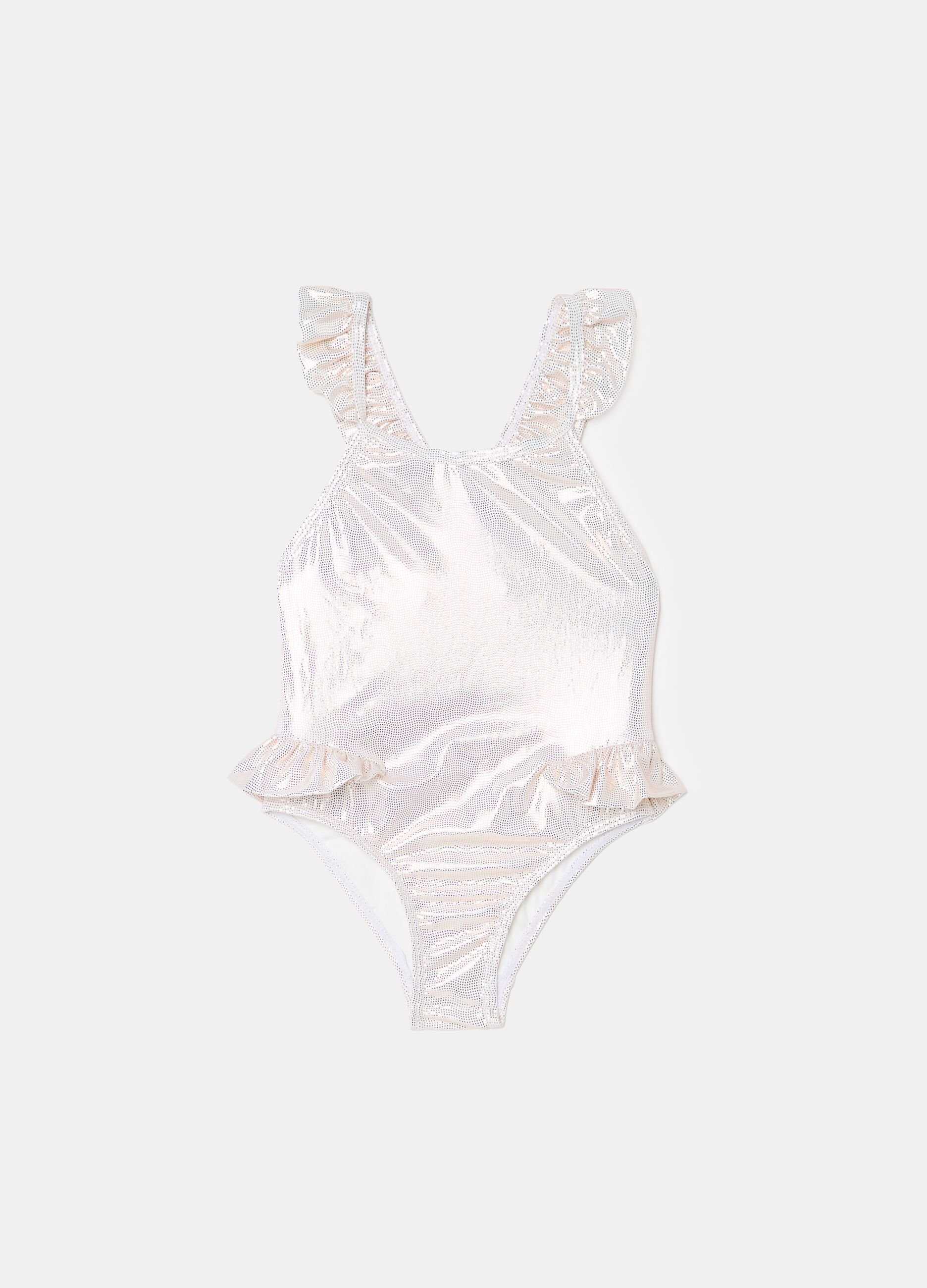 Shiny one-piece swimsuit with flounce