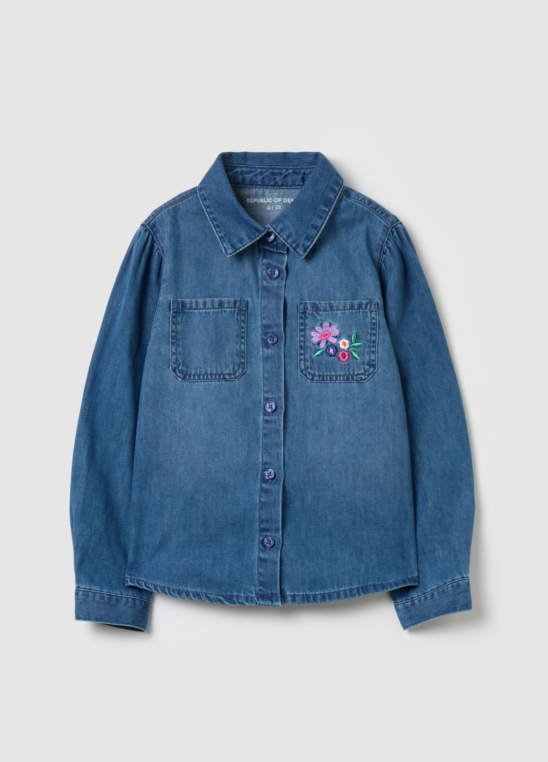 Denim shirt with floral embroidery
