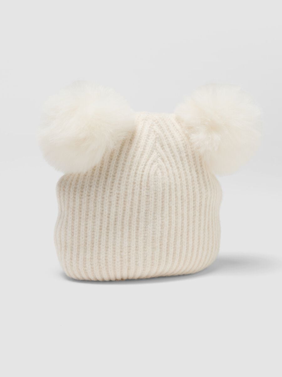 White ribbed wool-blend beanie with two pom-poms_2