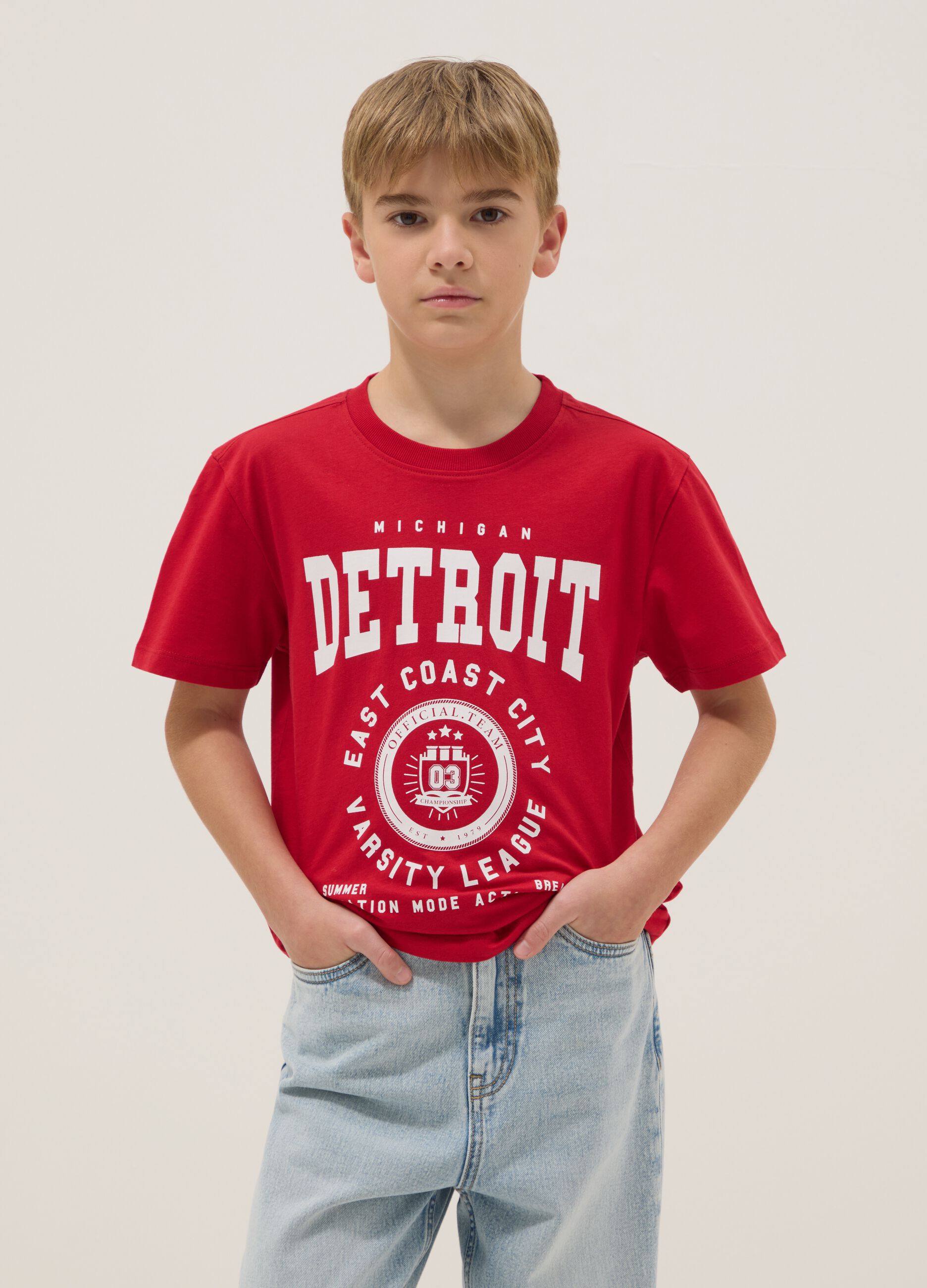 Boys' Regular Fit Pure Cotton Red T-shirt with Print