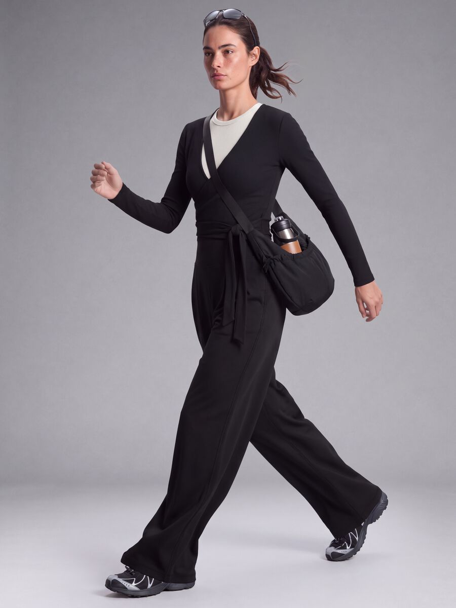 Black wide-leg stretch-fabric trousers_1