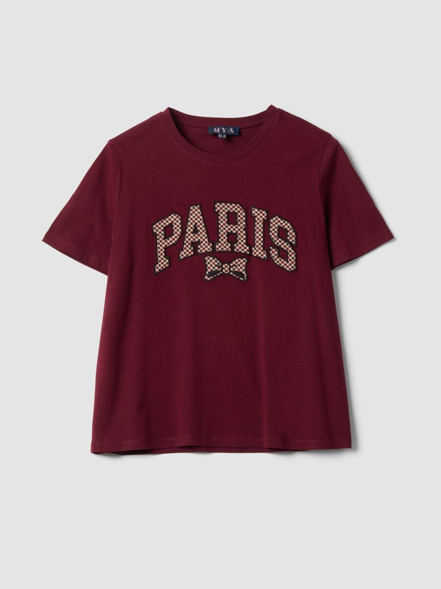 Red pure cotton crew-neck T-shirt with bow print, regular fit_0