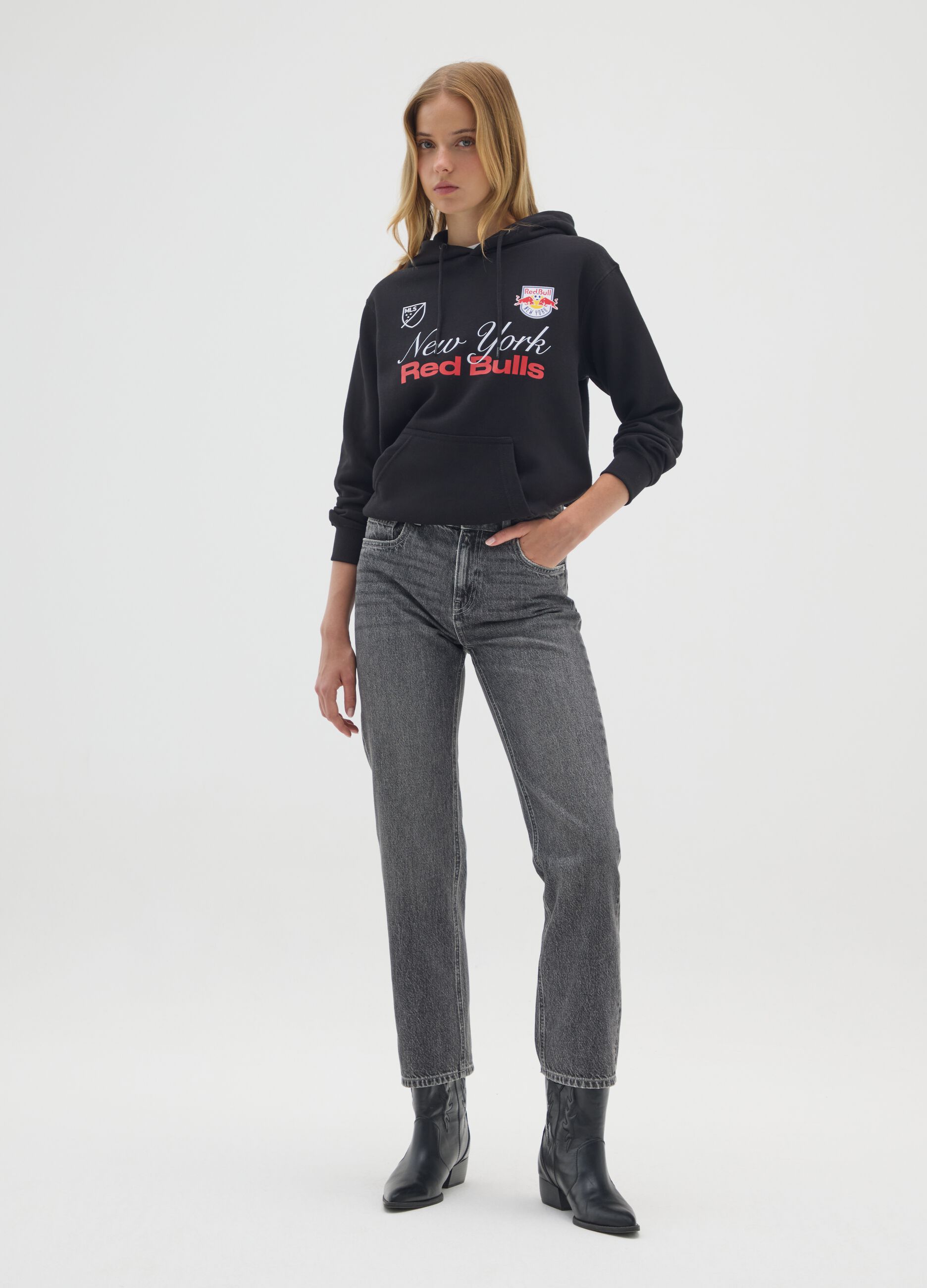 Camisola com capuz preta em mistura de algod&atilde;o com logotipo New York Red Bulls