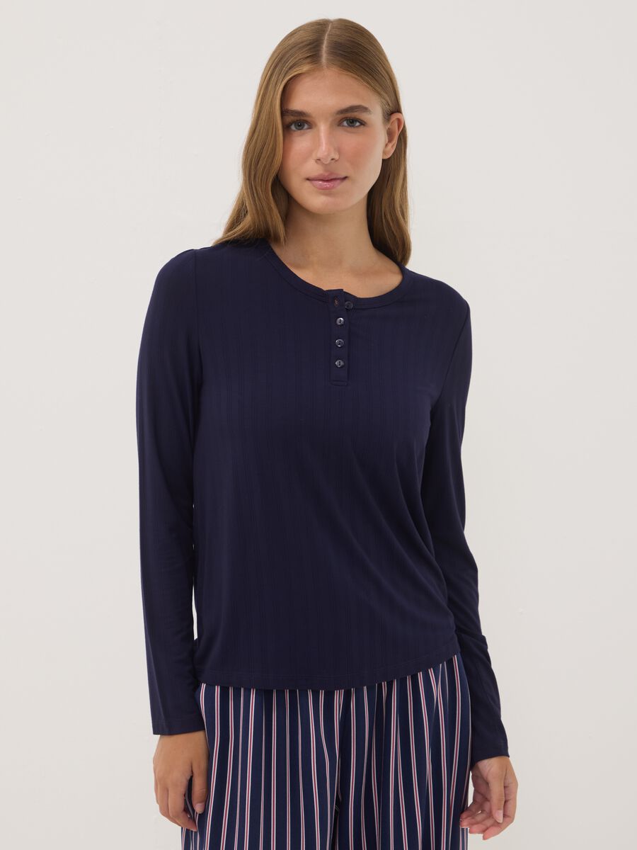 Blue ribbed stretch viscose pyjama top_0