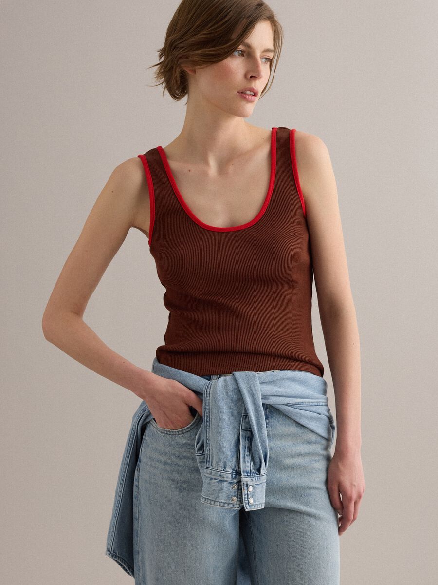 Brown pure cotton ribbed tank top_0