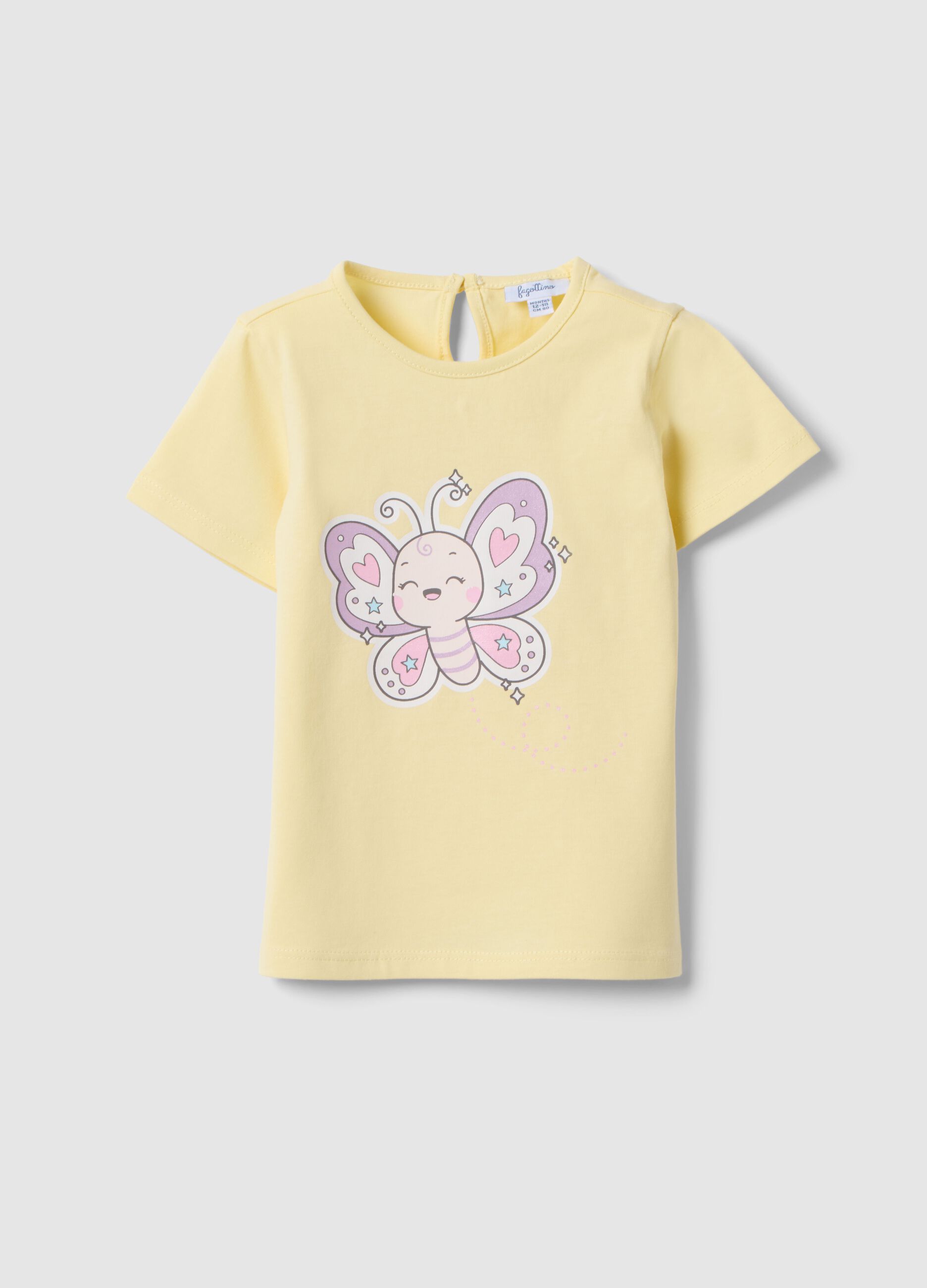 Girls' regular fit yellow cotton T-shirt with butterfly