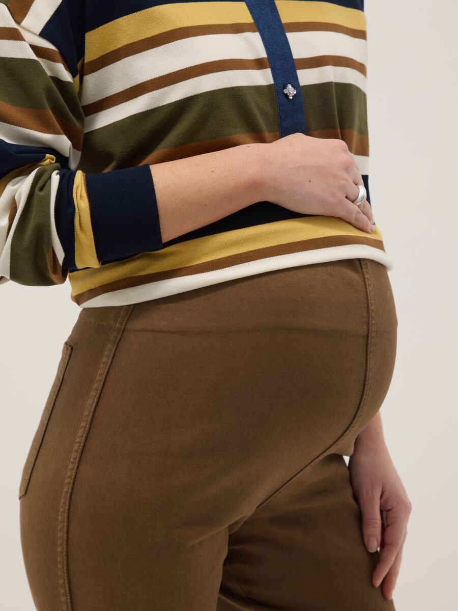 Brown Stretch Cotton Maternity Flare Trousers_3