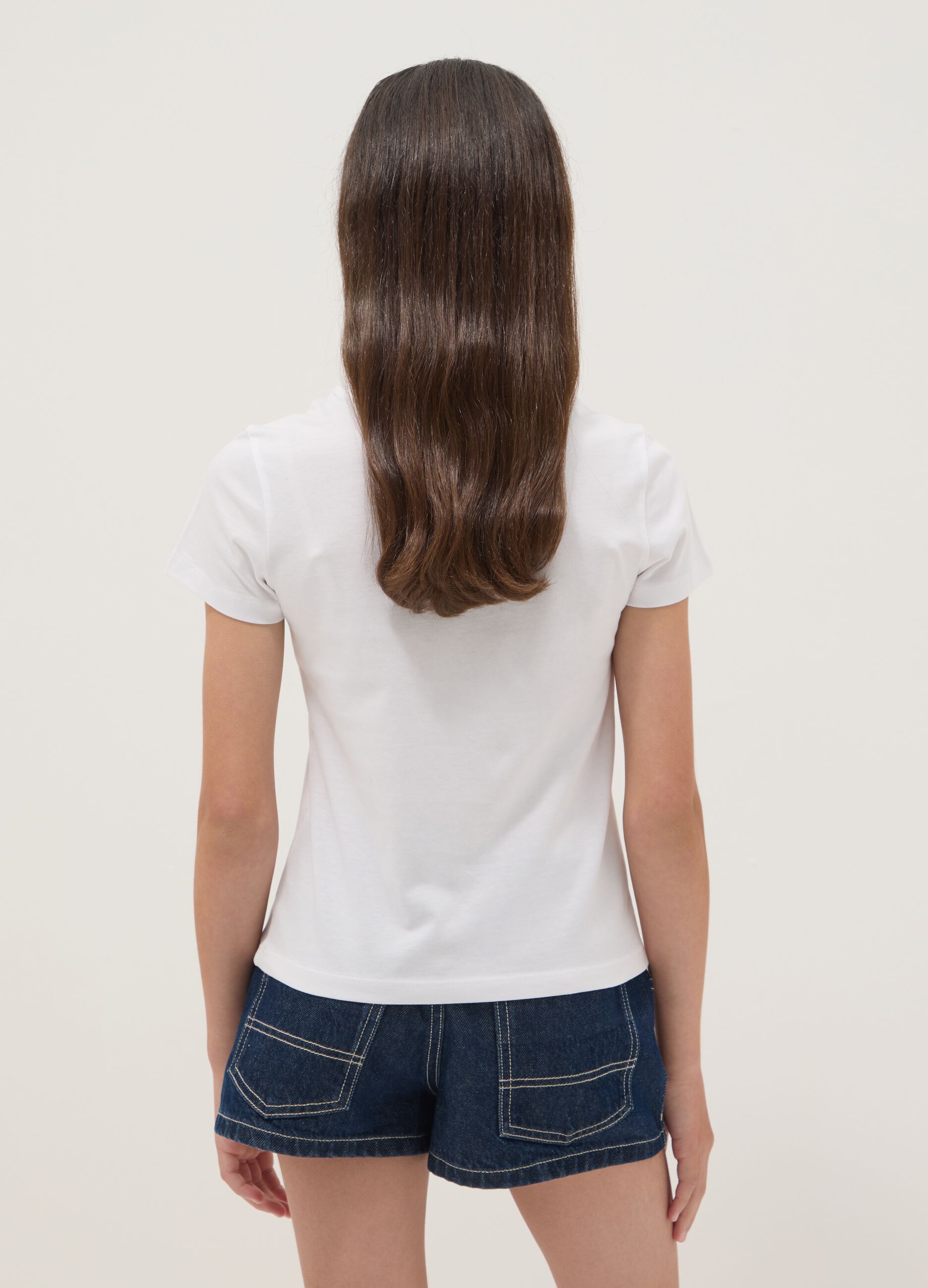 Girls' white organic cotton short-sleeved T-shirt, regular fit