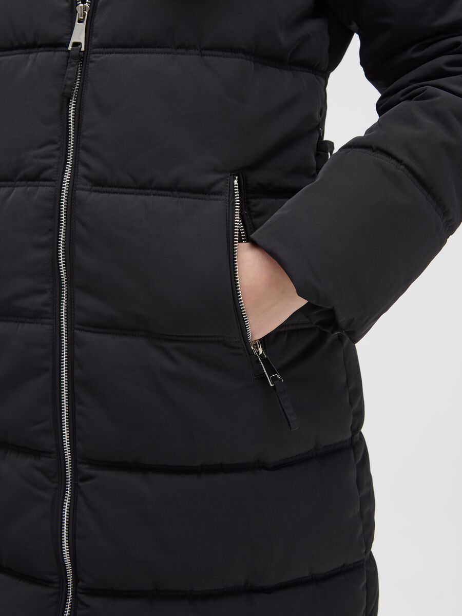 Black long padded jacket regular fit with hood and zip_3