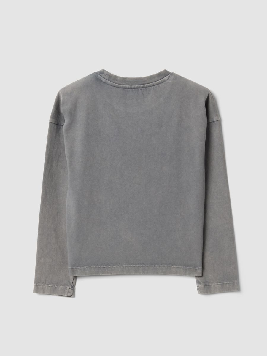 Grey pure cotton crew-neck T-shirt with rhinestone stars for girls_1