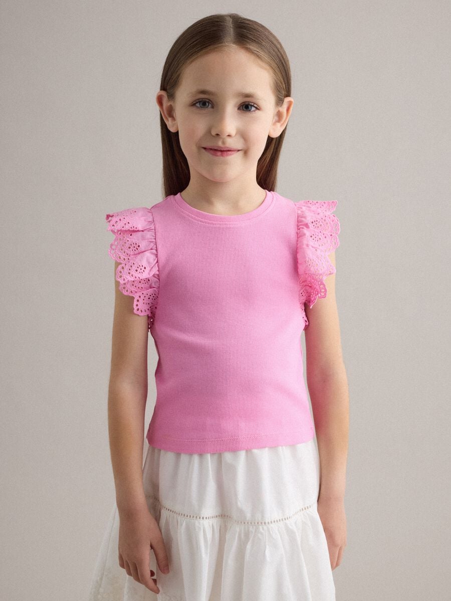 Girls&rsquo; pink stretch cotton vest top with ruffles_0
