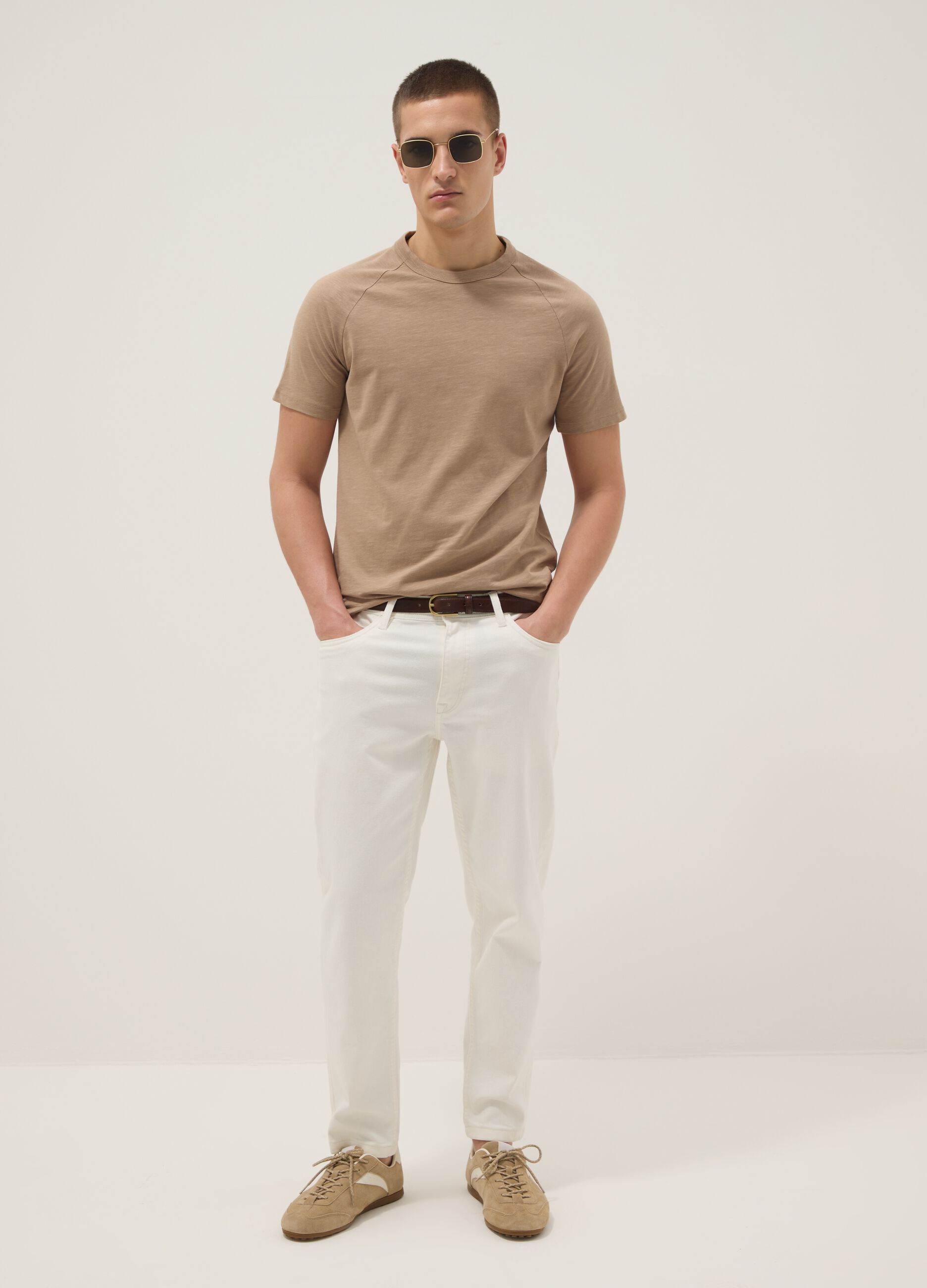 Beige pure cotton regular fit T-shirt