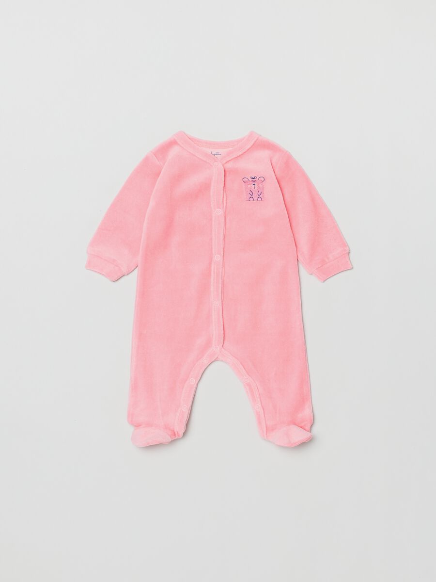 Velour onesie with feet and embroidered bear_0