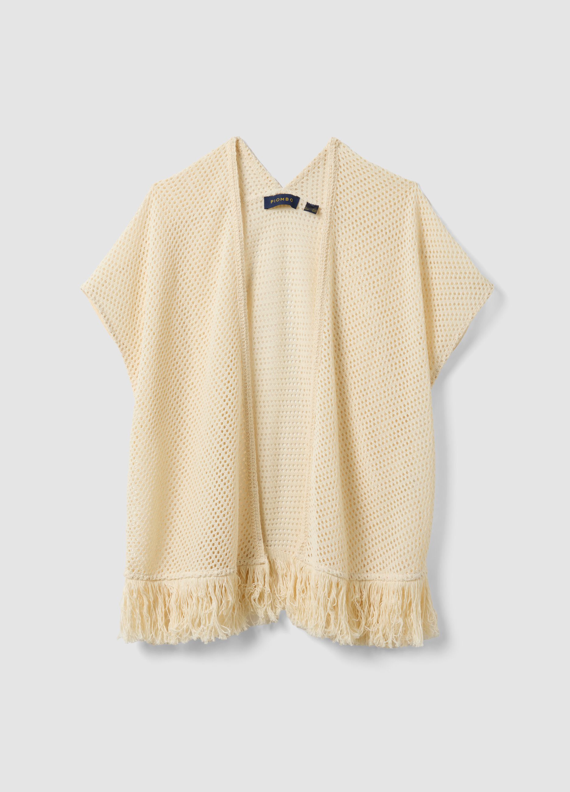 Beige crochet viscose-blend cardigan with fringes