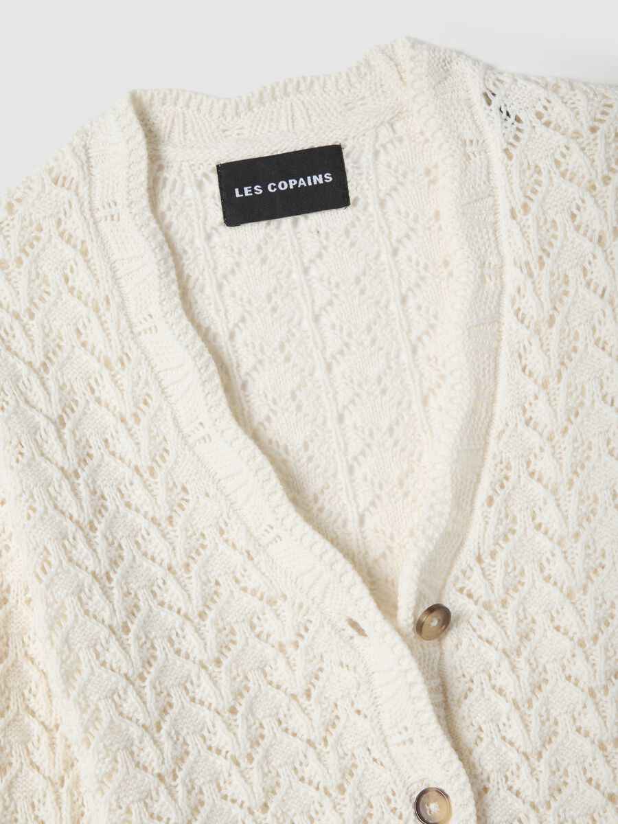 White pure cotton cardigan, regular fit deep V with openwork pattern_1