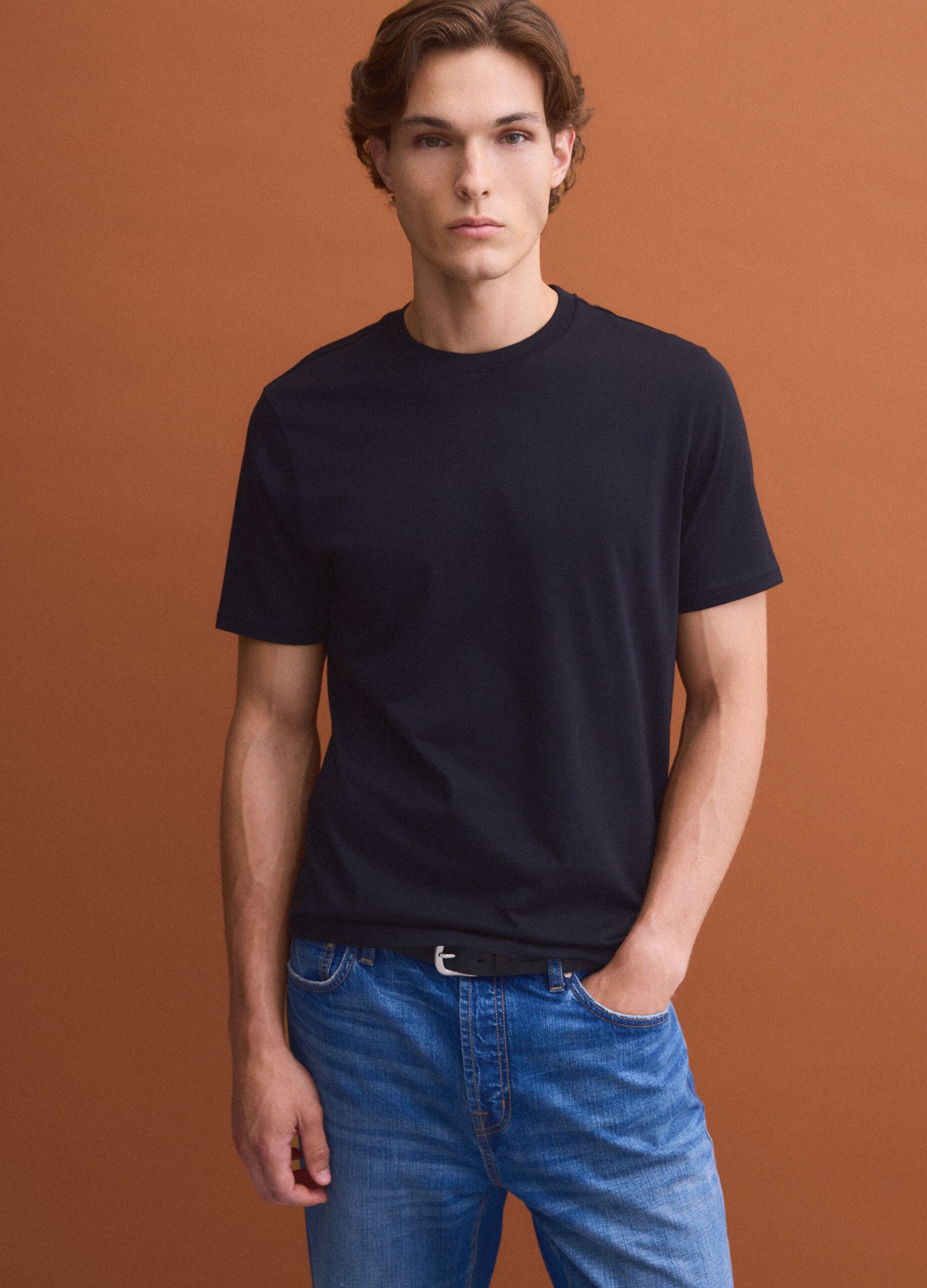 Black crew-neck pure cotton T-shirt, regular fit