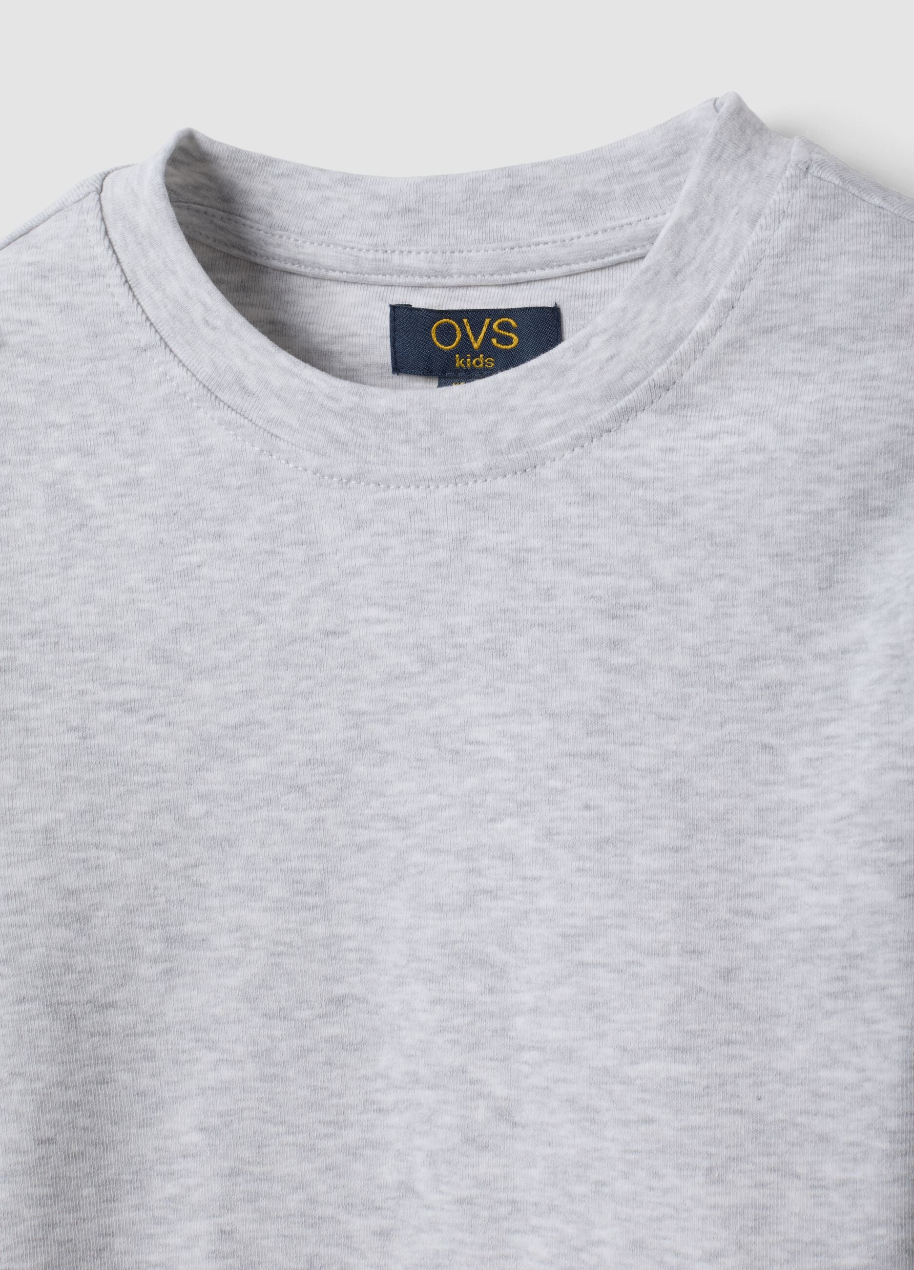 Girls&rsquo; grey organic stretch cotton T-shirt with ribbed neckline