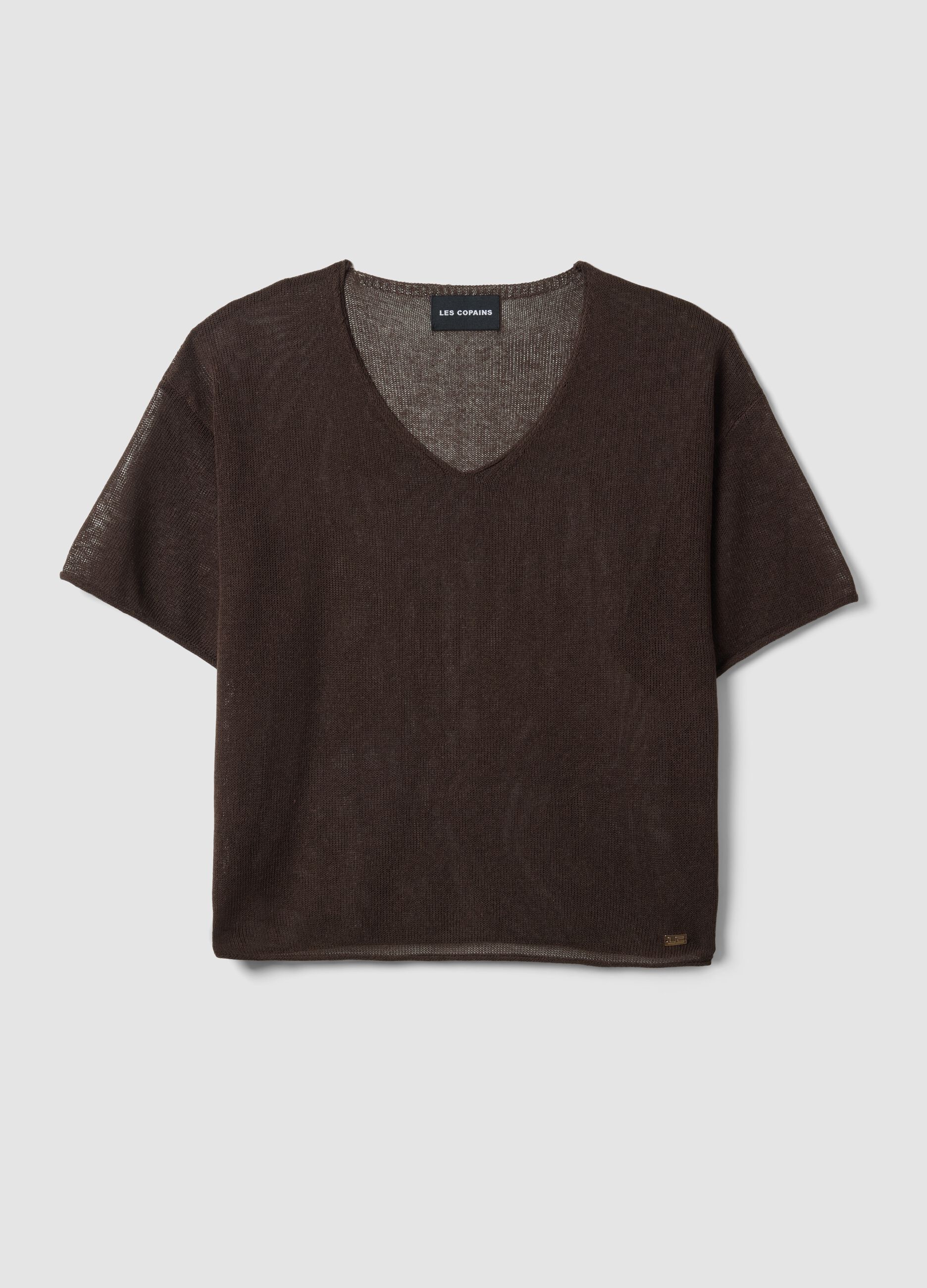 Brauner Oversize-Pullover mit V-Ausschnitt aus Lyocell-Leinen-Mischung