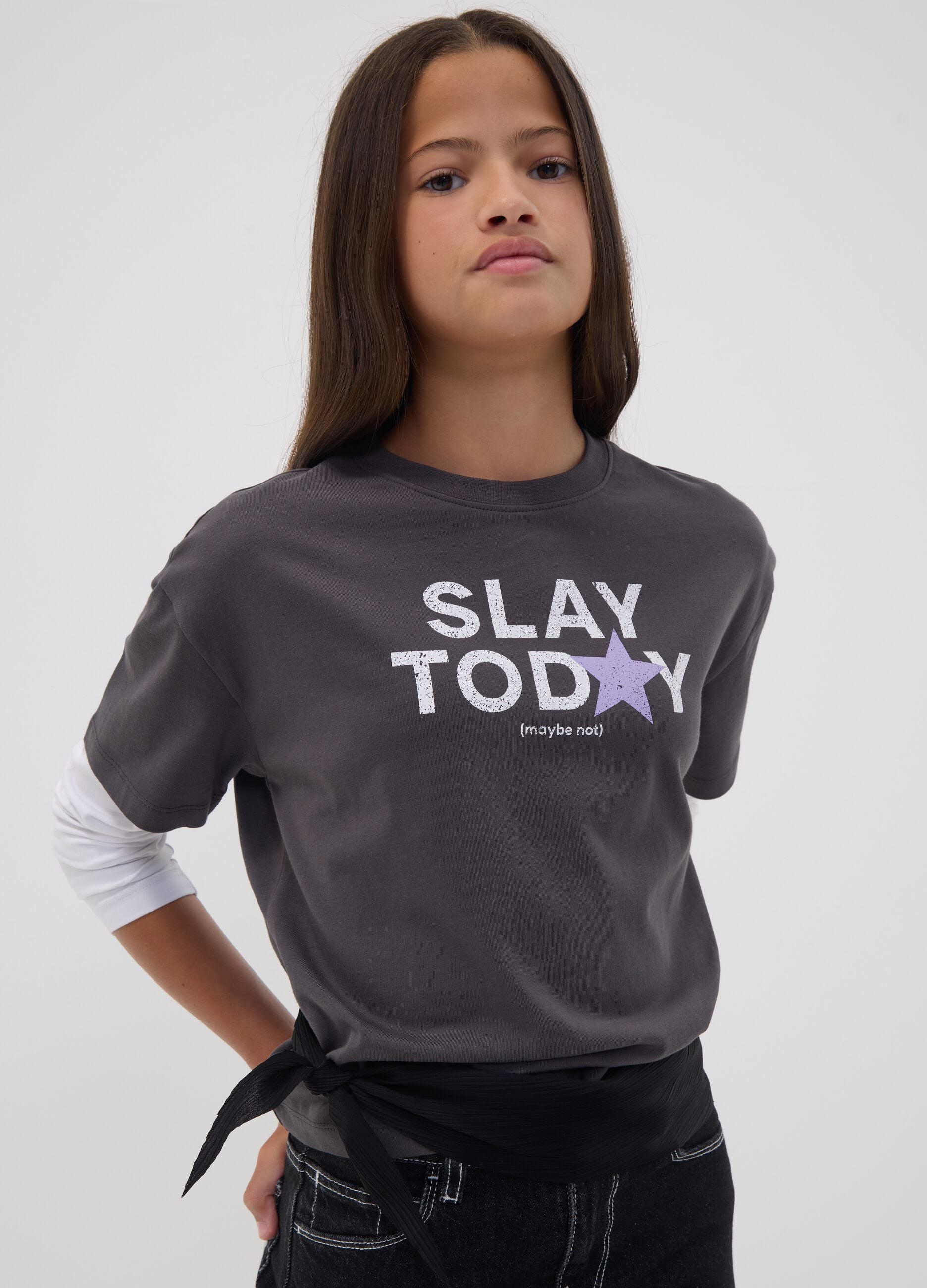 Girls&rsquo; grey oversized pure cotton T-shirt with double sleeves