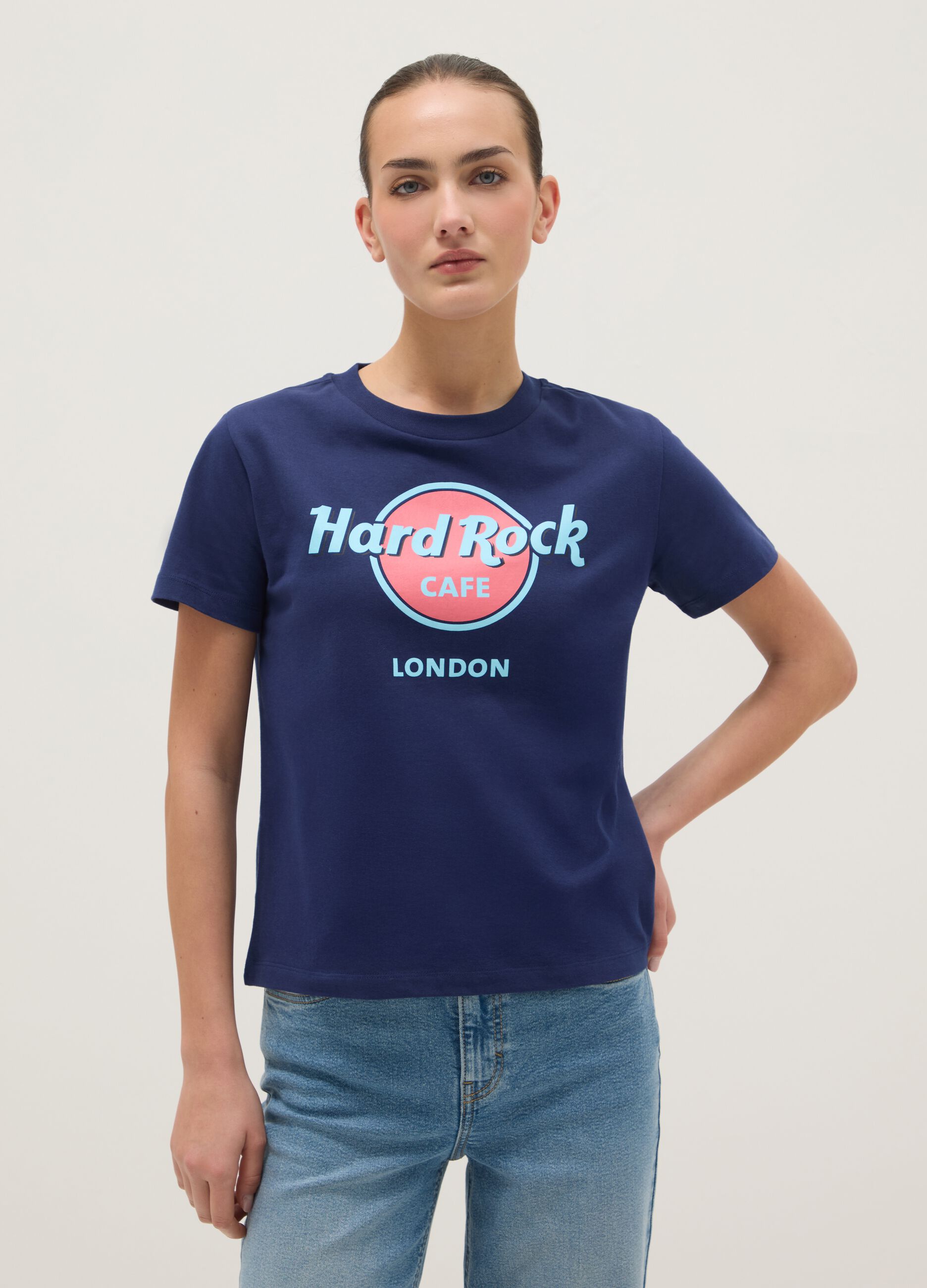 T-shirt azul de algod&atilde;o puro regular fit com logotipo Hard Rock Cafe