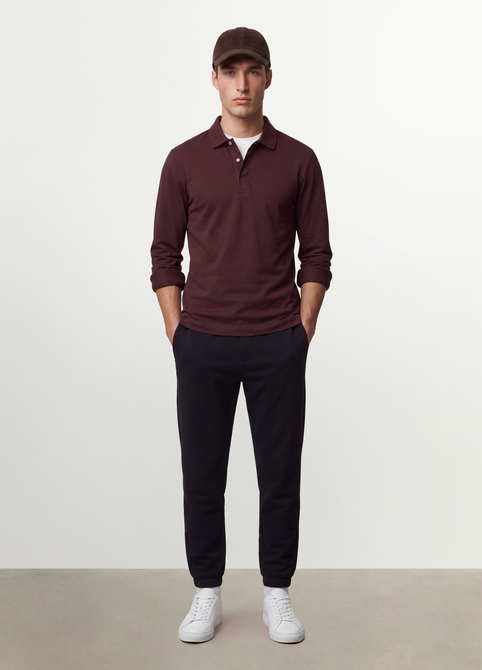 Men&rsquo;s brown regular-fit long-sleeve stretch cotton polo shirt