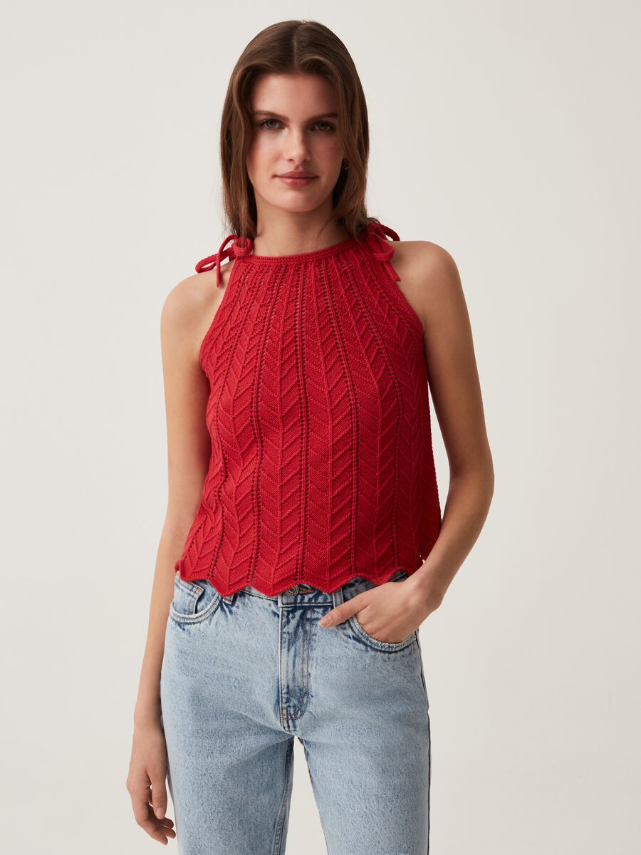 Crochet cotton tank top with halter neck._0