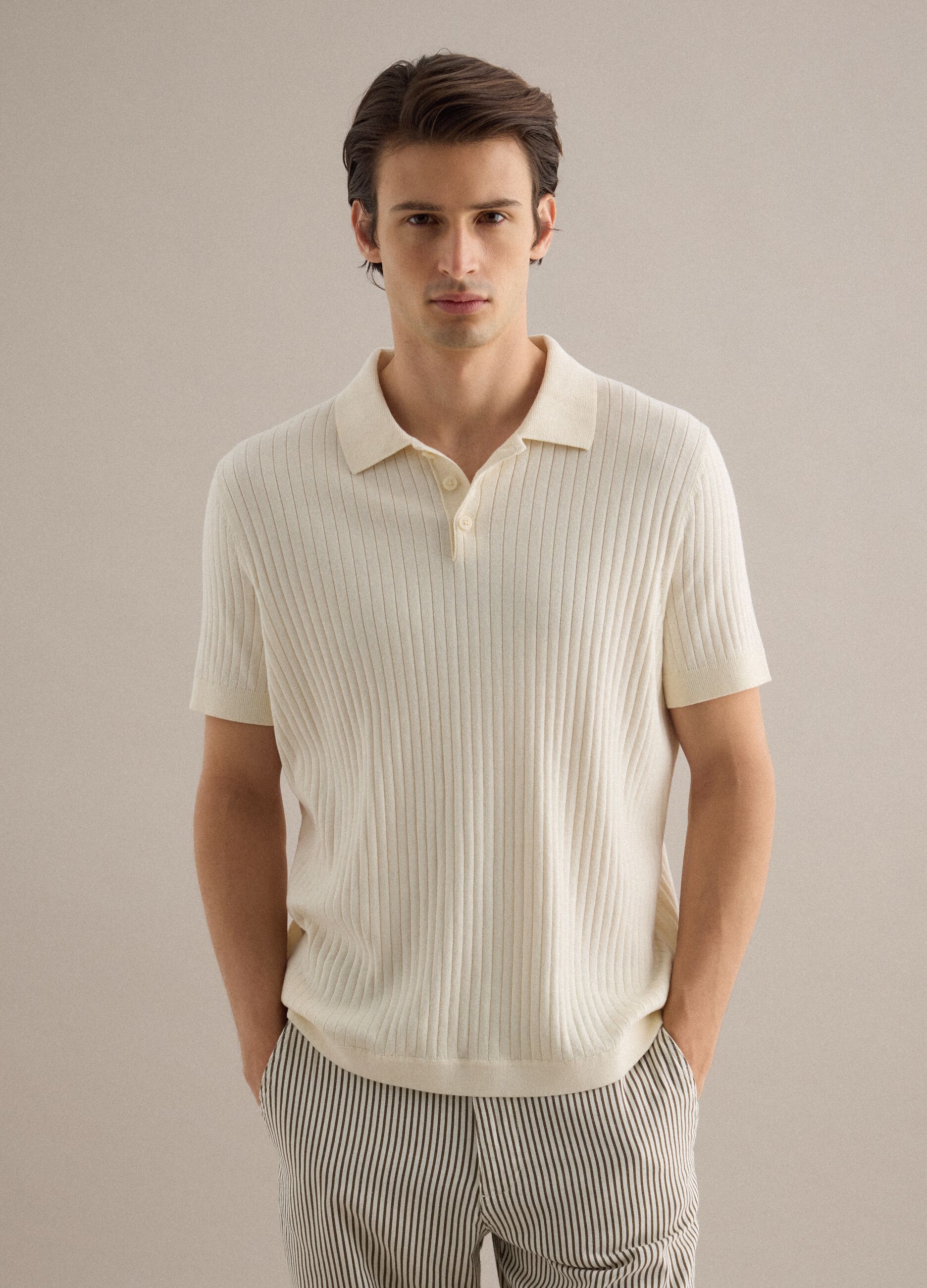 Short-sleeved white striped polo in pure cotton regular fit