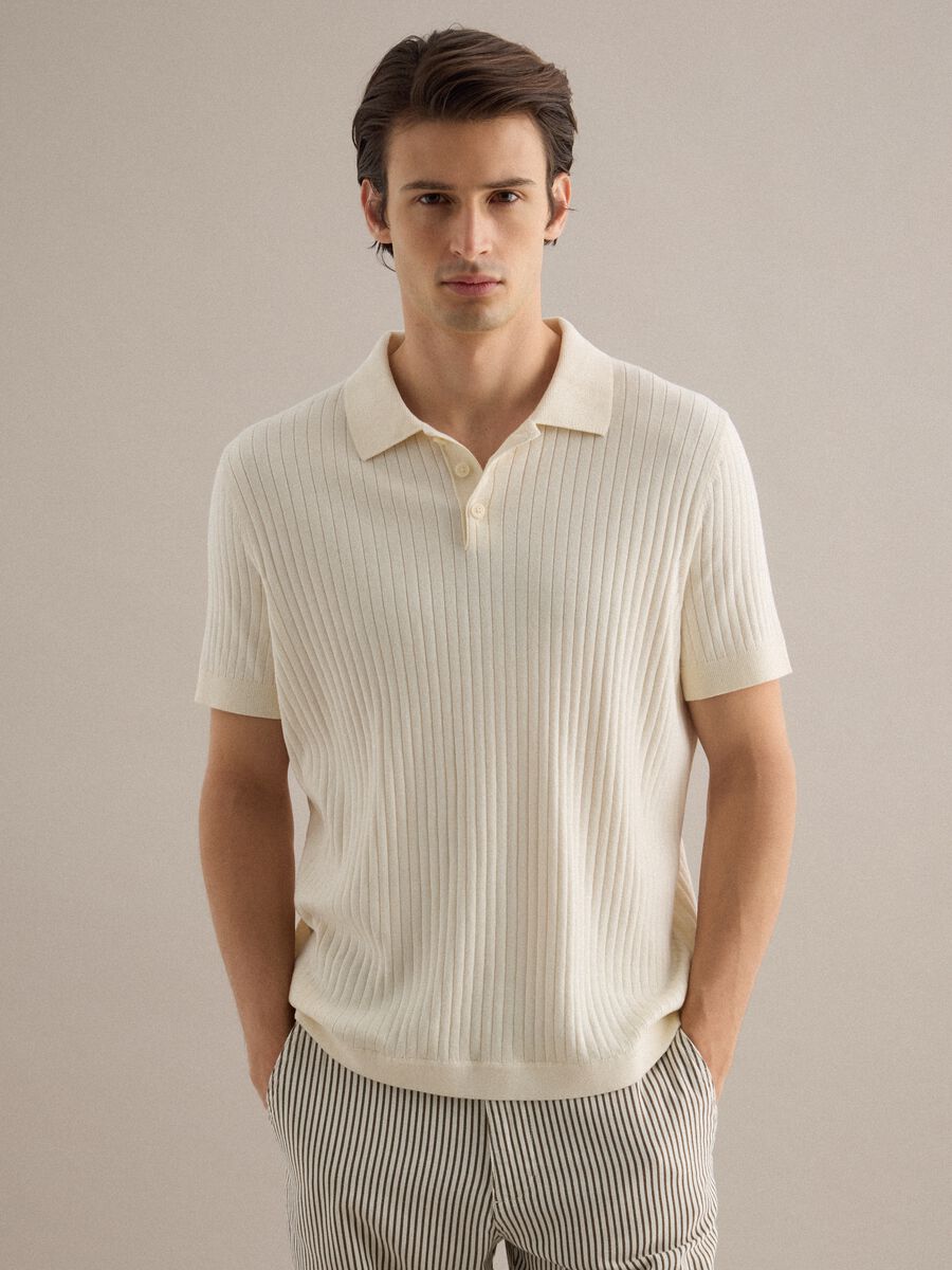 Short-sleeved white striped polo in pure cotton regular fit_1