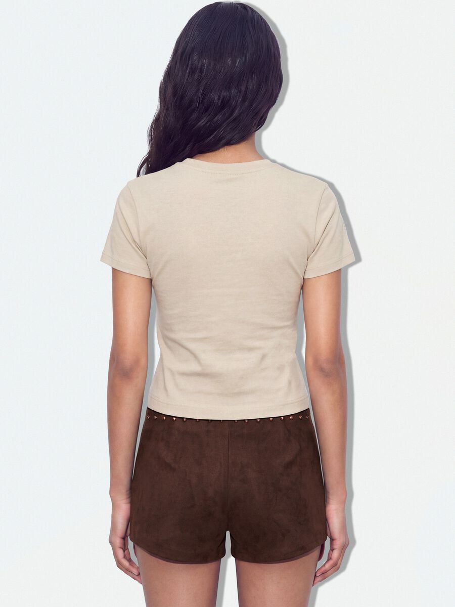 Beige pure cotton cropped T-shirt with crew neck and print_2