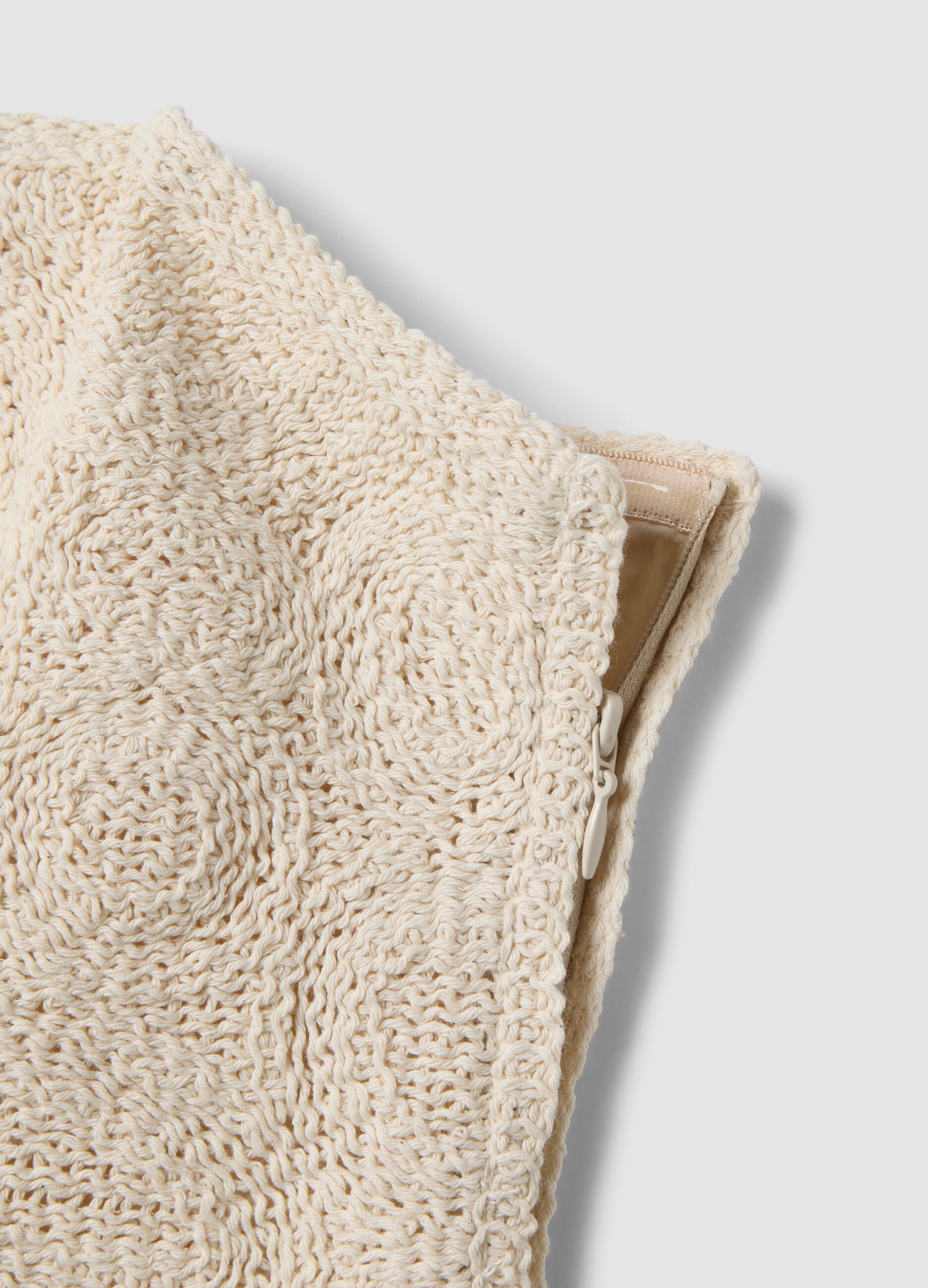 Beige strapless cotton-blend top, regular fit with textured knit